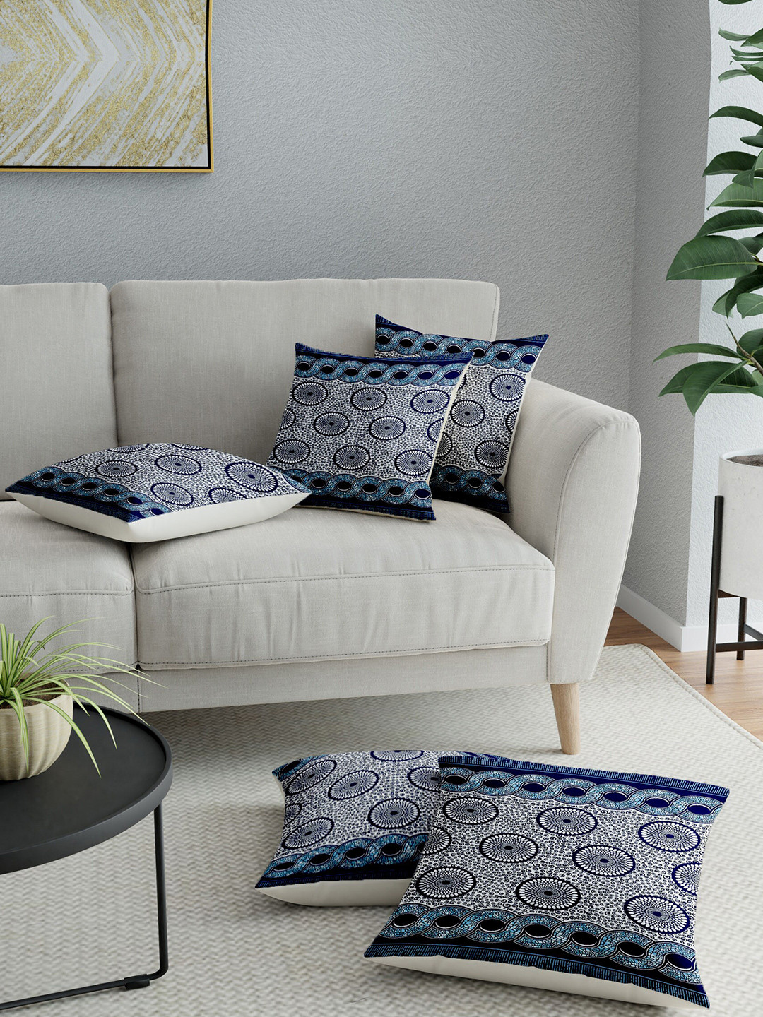 

LA VERNE Blue & Grey Set of 5 Abstract Square Cushion Covers