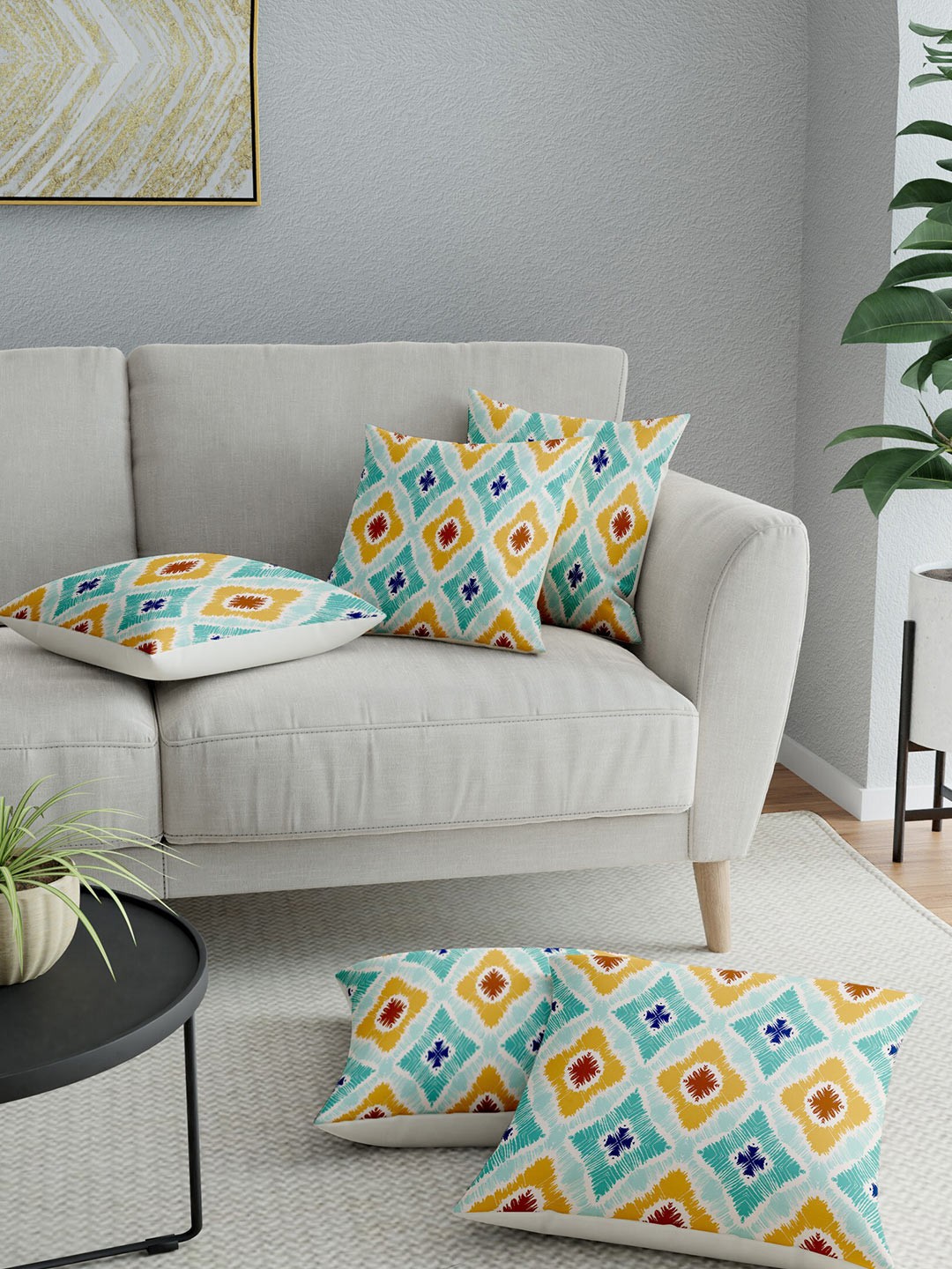 

LA VERNE Cream-Coloured & Blue Set of 5 Geometric Square Cushion Covers