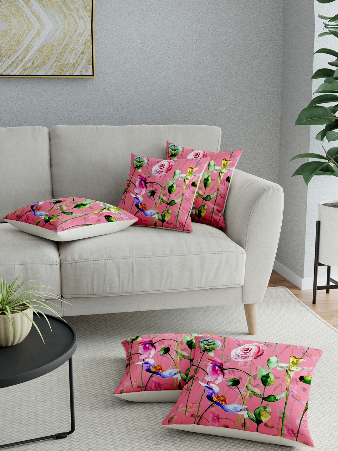 

LA VERNE Peach & Green Set of 5 Floral Square Cushion Covers