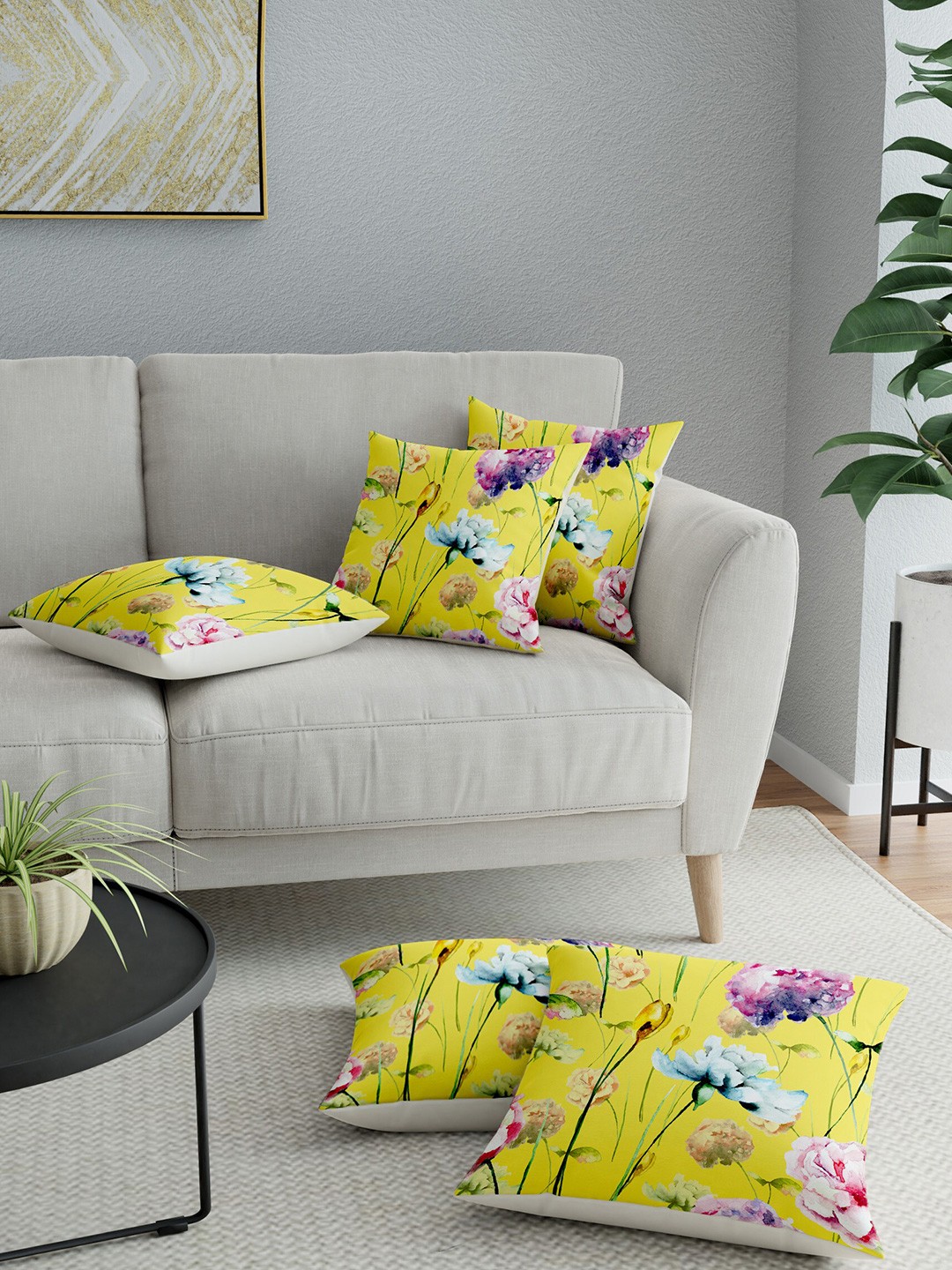 

LA VERNE Yellow Set of 5 Floral Square Cushion Covers