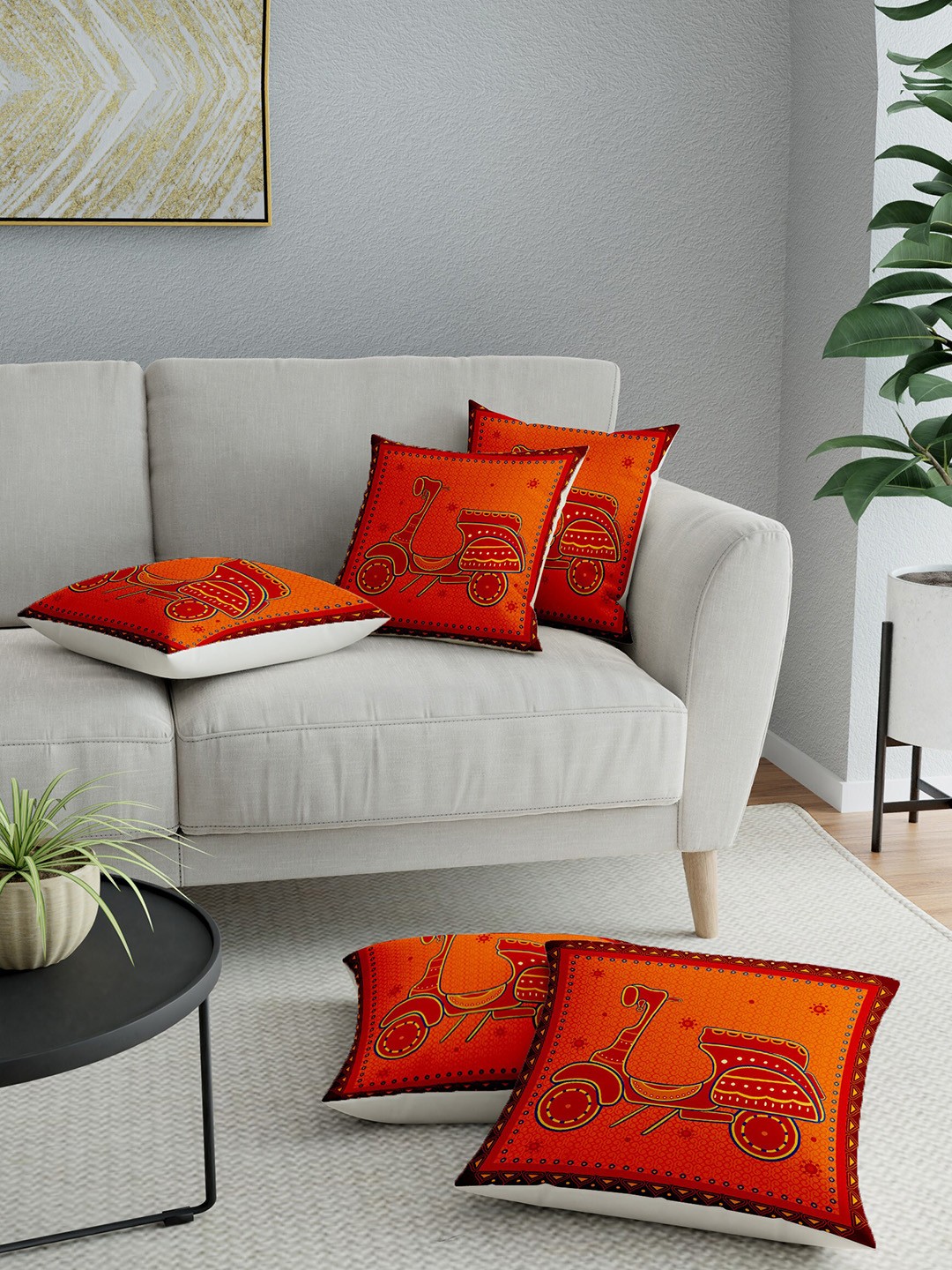 

LA VERNE Orange Set of 5 Scooter Printed Square Cushion Covers