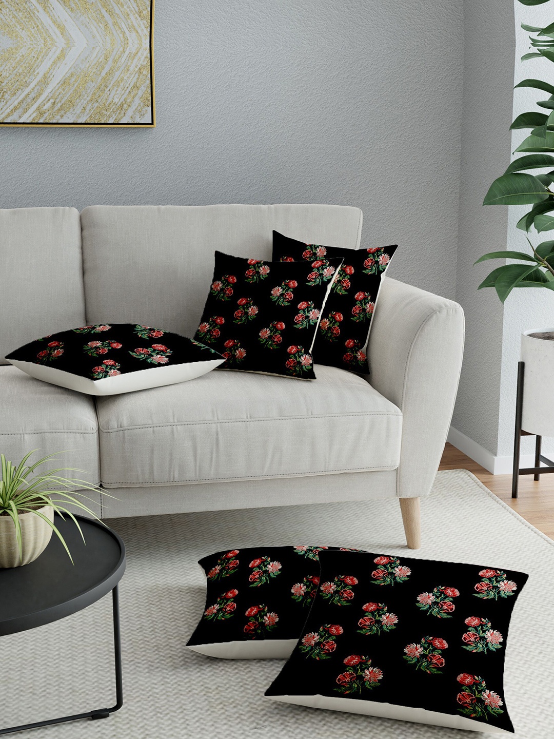 

LA VERNE Black & Pink Set of 5 Floral Square Cushion Covers