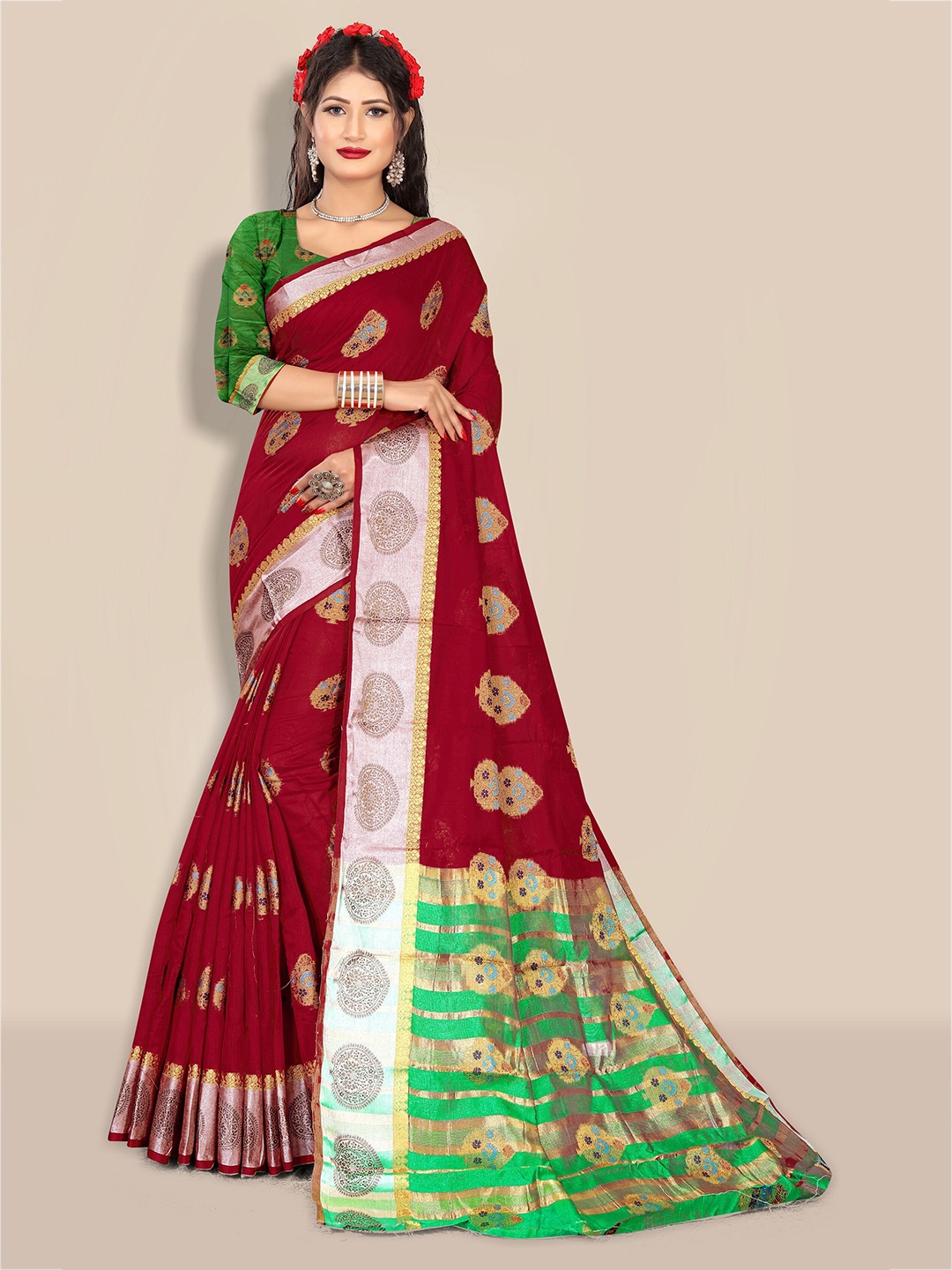 

Rivana Maroon & Green Woven Design Zari Pure Cotton Chanderi Saree