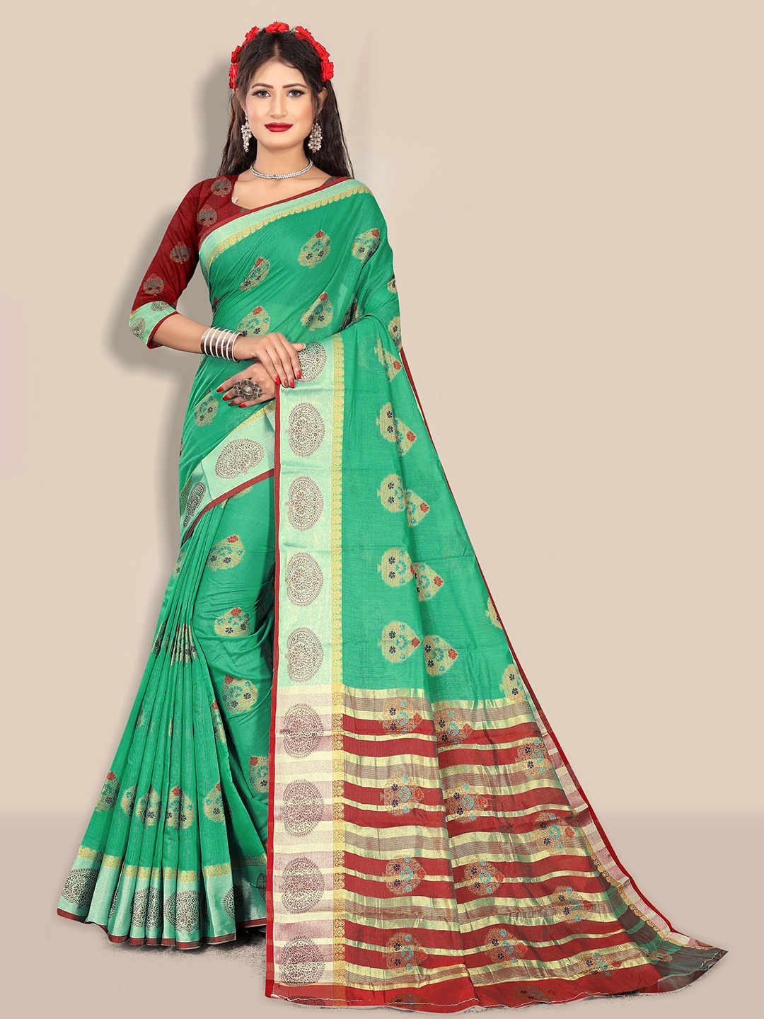 

Rivana Green & Golden Floral Zari Pure Cotton Chanderi Saree