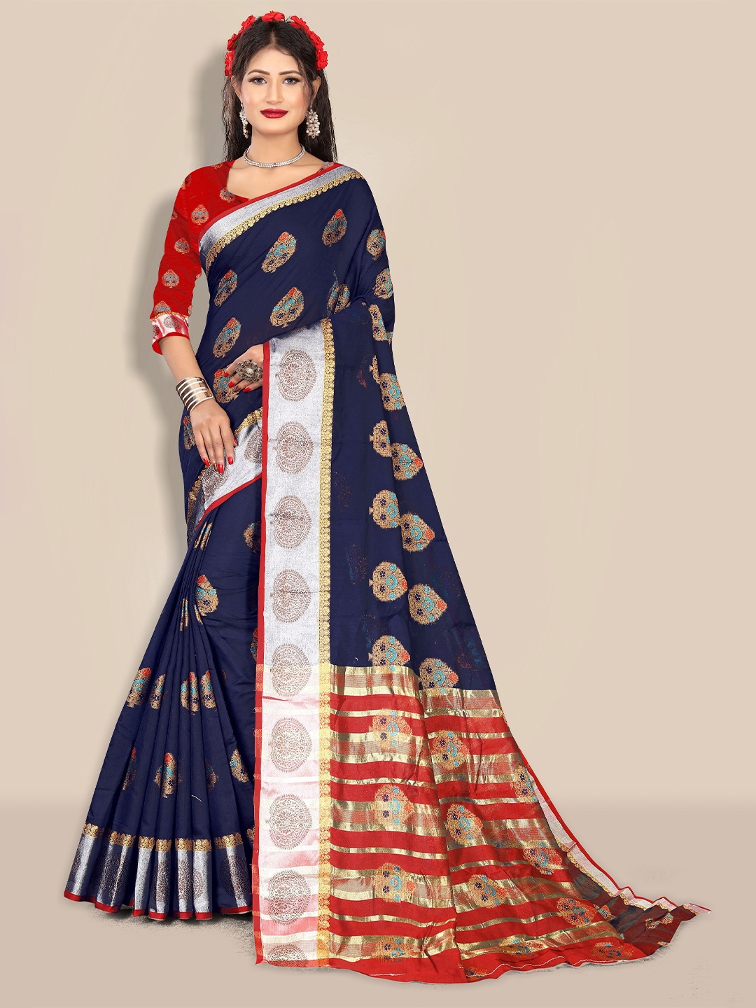 

Rivana Navy Blue Floral Zari Pure Cotton Chanderi Saree