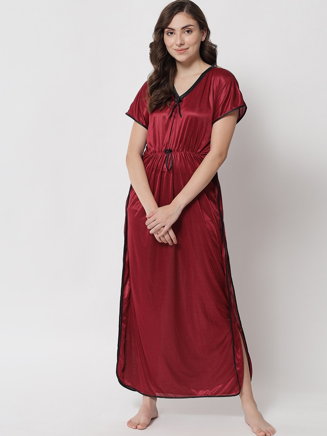 

Klamotten Women Maroon Solid V-Neck Maxi Nightdress