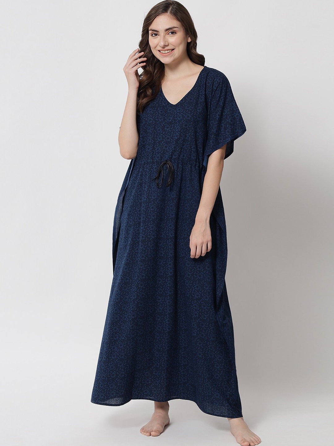 

Klamotten Navy Blue Printed Women Kaftan Nightdress