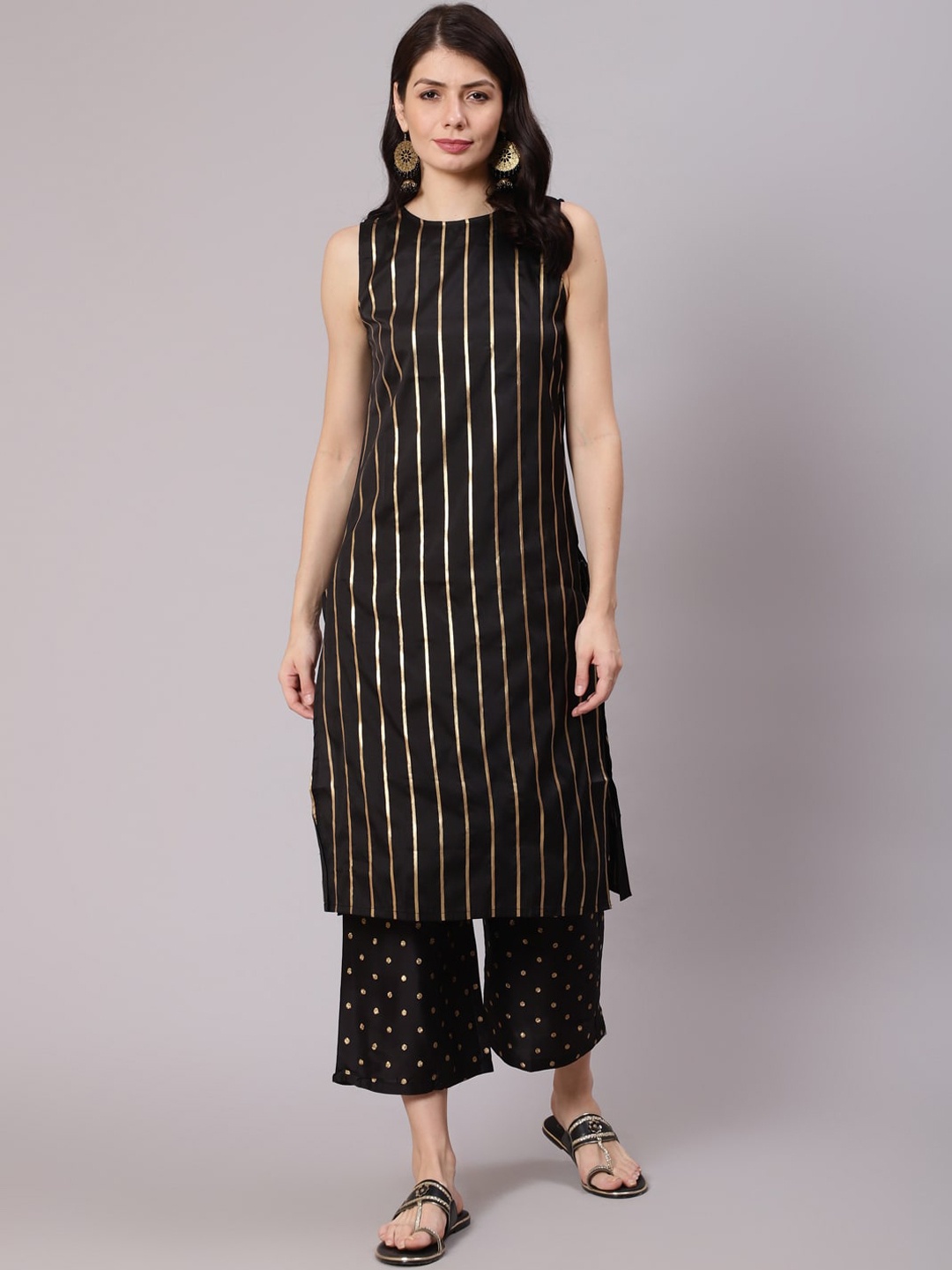 

Awadhi Women Black Silk Blended Striped Kurta with Palazzos