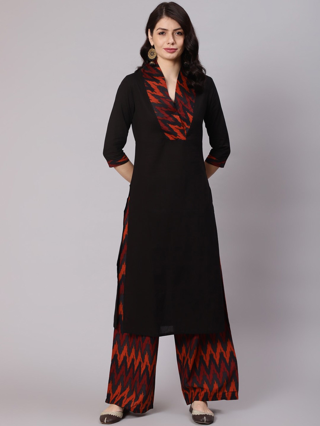 

Awadhi Women Black Printed Yoke Design High Slit Pure Cotton Kurta with Palazzos