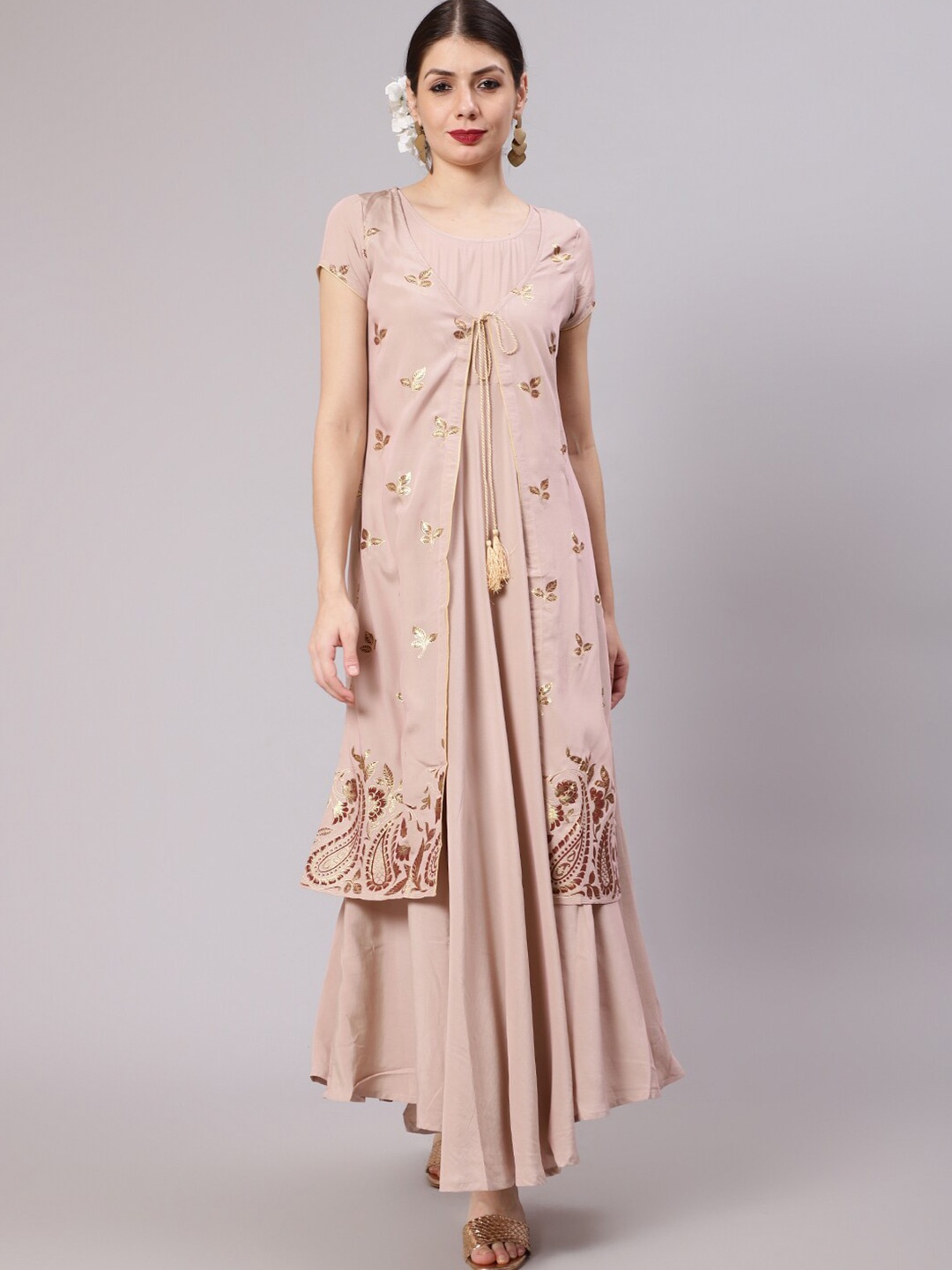 

Awadhi Nude-Coloured Floral Ethnic Maxi Dress With Jacket