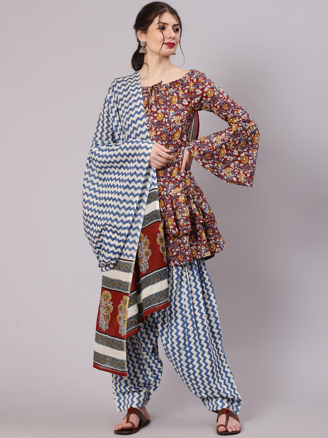

Awadhi Women Maroon Floral Printed Panelled Pure Cotton Kurta with Palazzos & With Dupatta