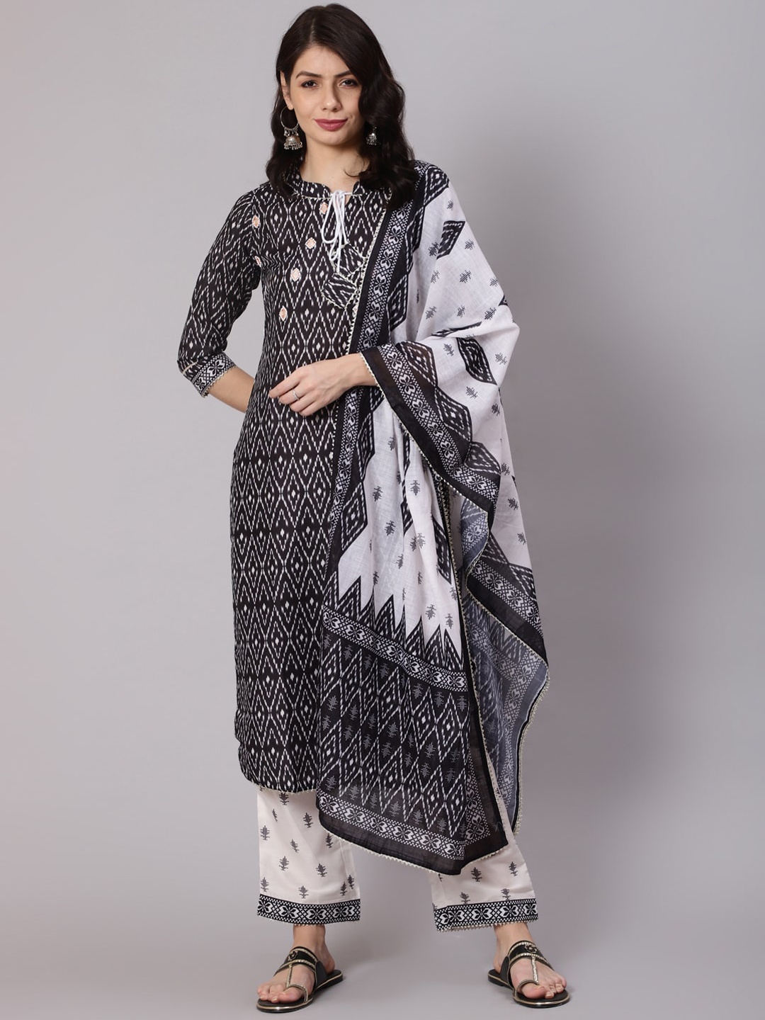 

Awadhi Women Black Ethnic Motifs Printed Empire Kurti with Trousers & With Dupatta