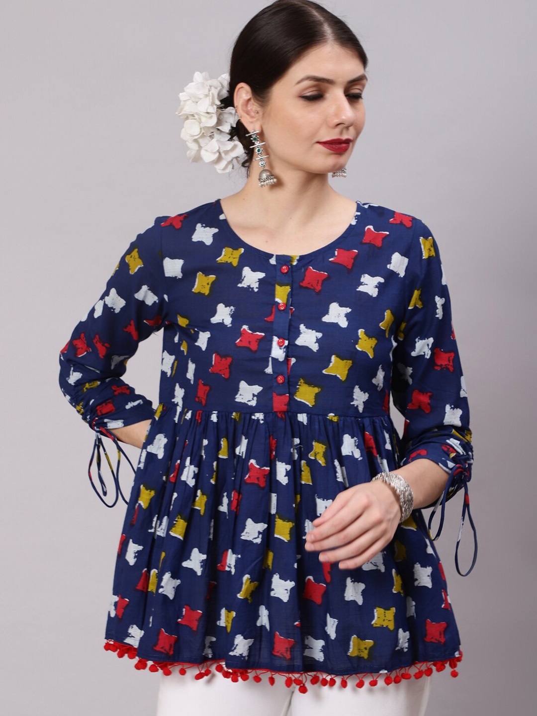 

Awadhi Navy Blue & Red Printed Tunic With Lace Detailing