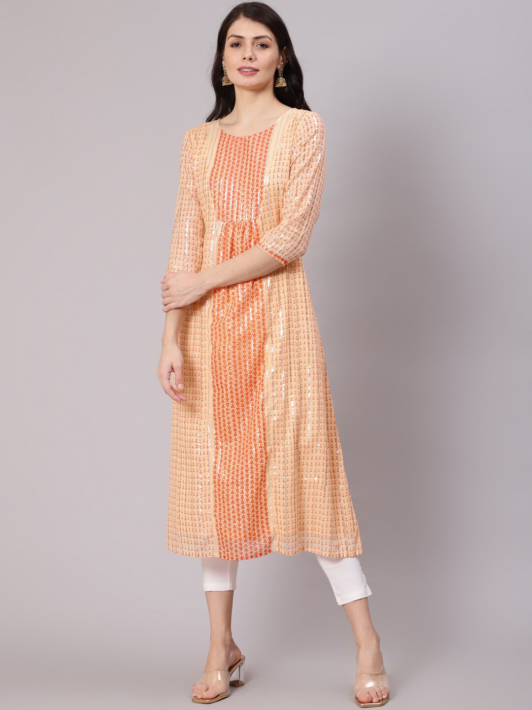 

Awadhi Women Peach-Coloured & Orange Ethnic Motifs Printed Kurta