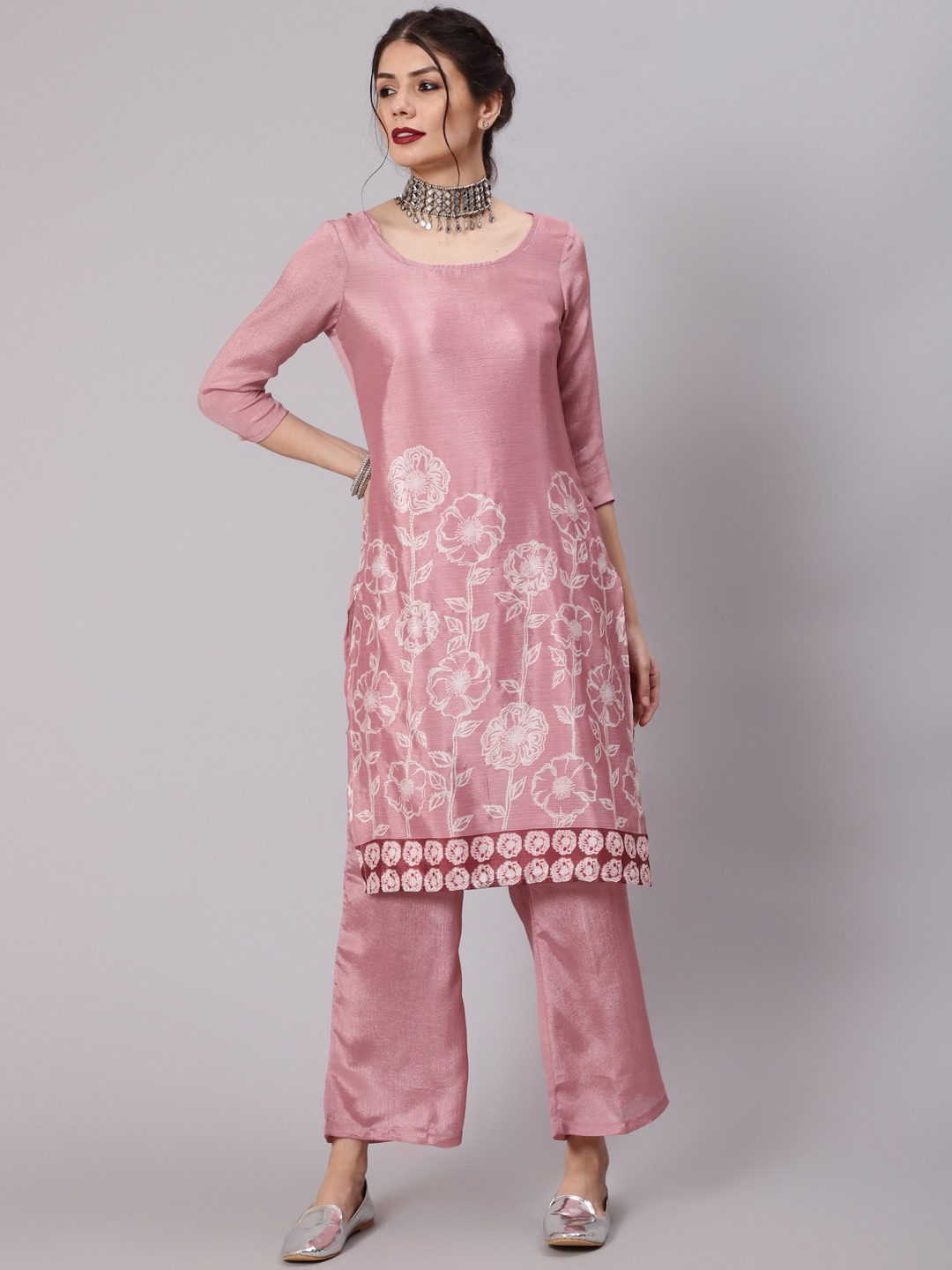 

Awadhi Women Rose Gold Floral Floral Desgin Kurti with Trousers