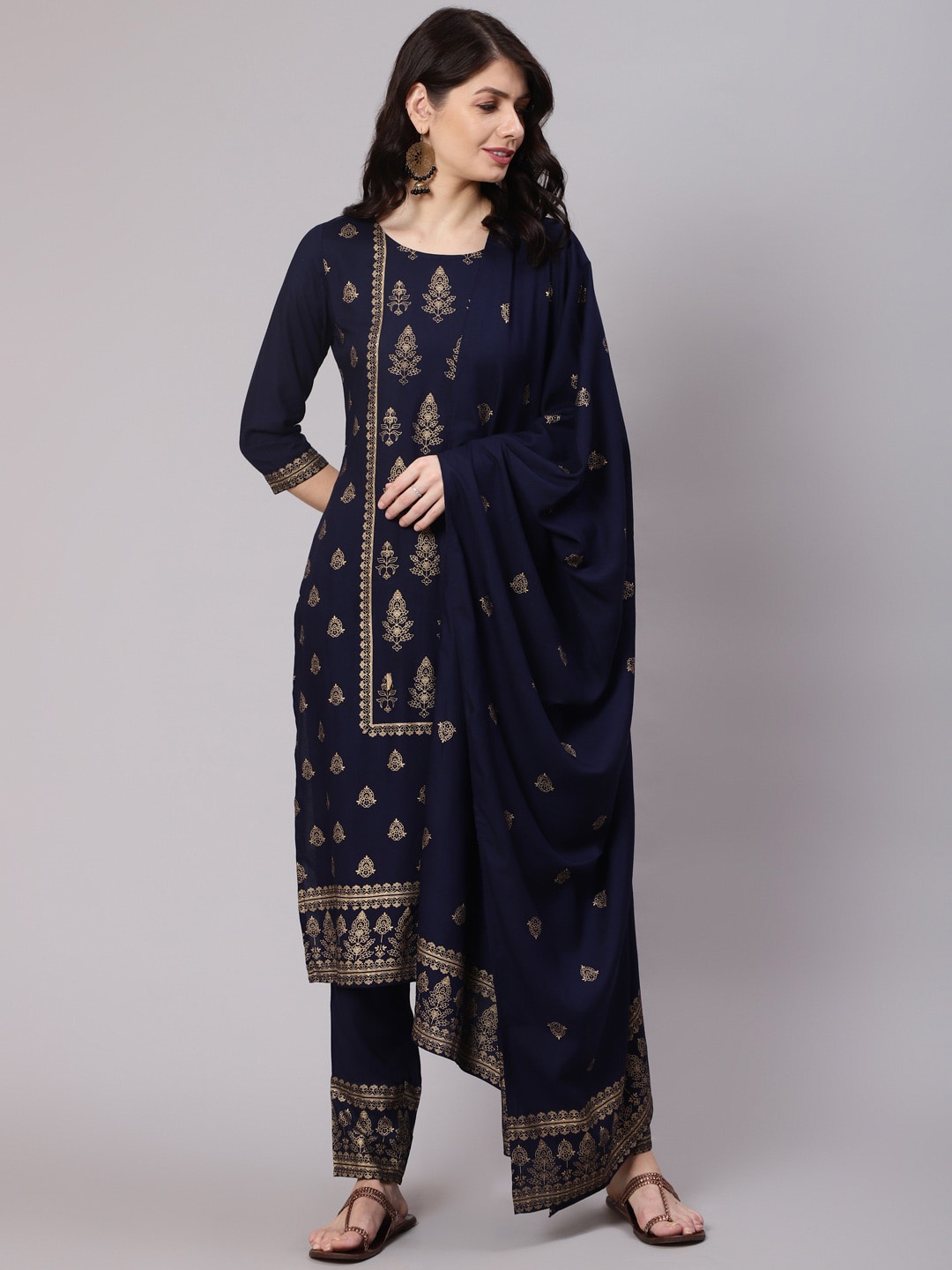 

Awadhi Women Navy Blue Ethnic Motifs Printed Kurta with Trousers & With Dupatta