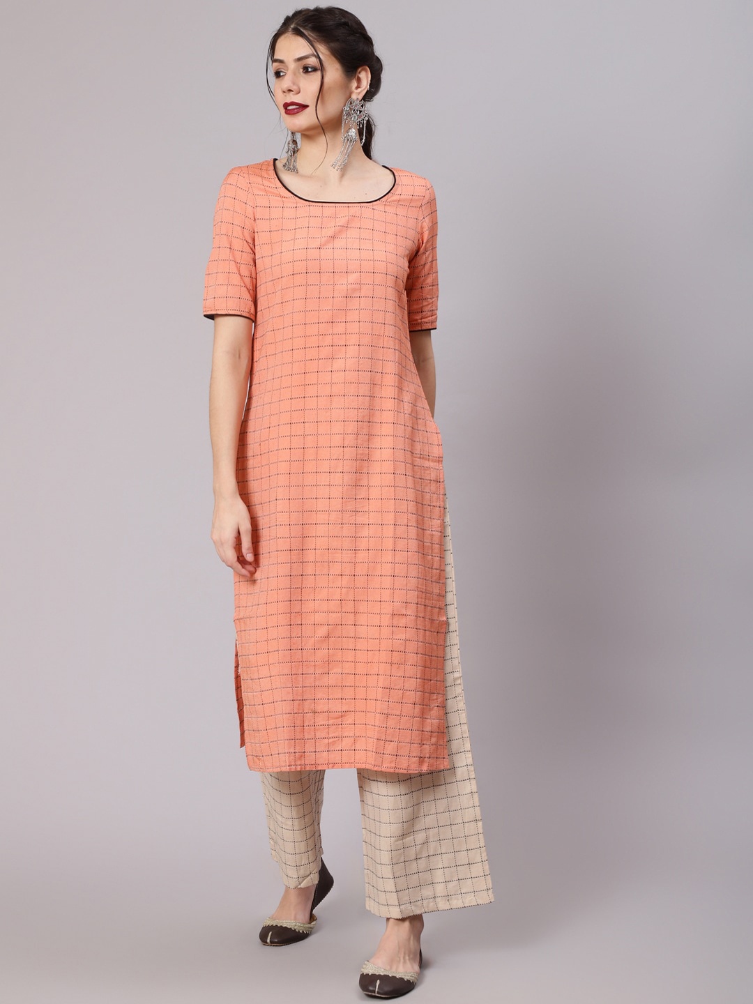 

Awadhi Women Peach-Coloured Ethnic Motifs Printed Pure Cotton Kurta with Palazzos
