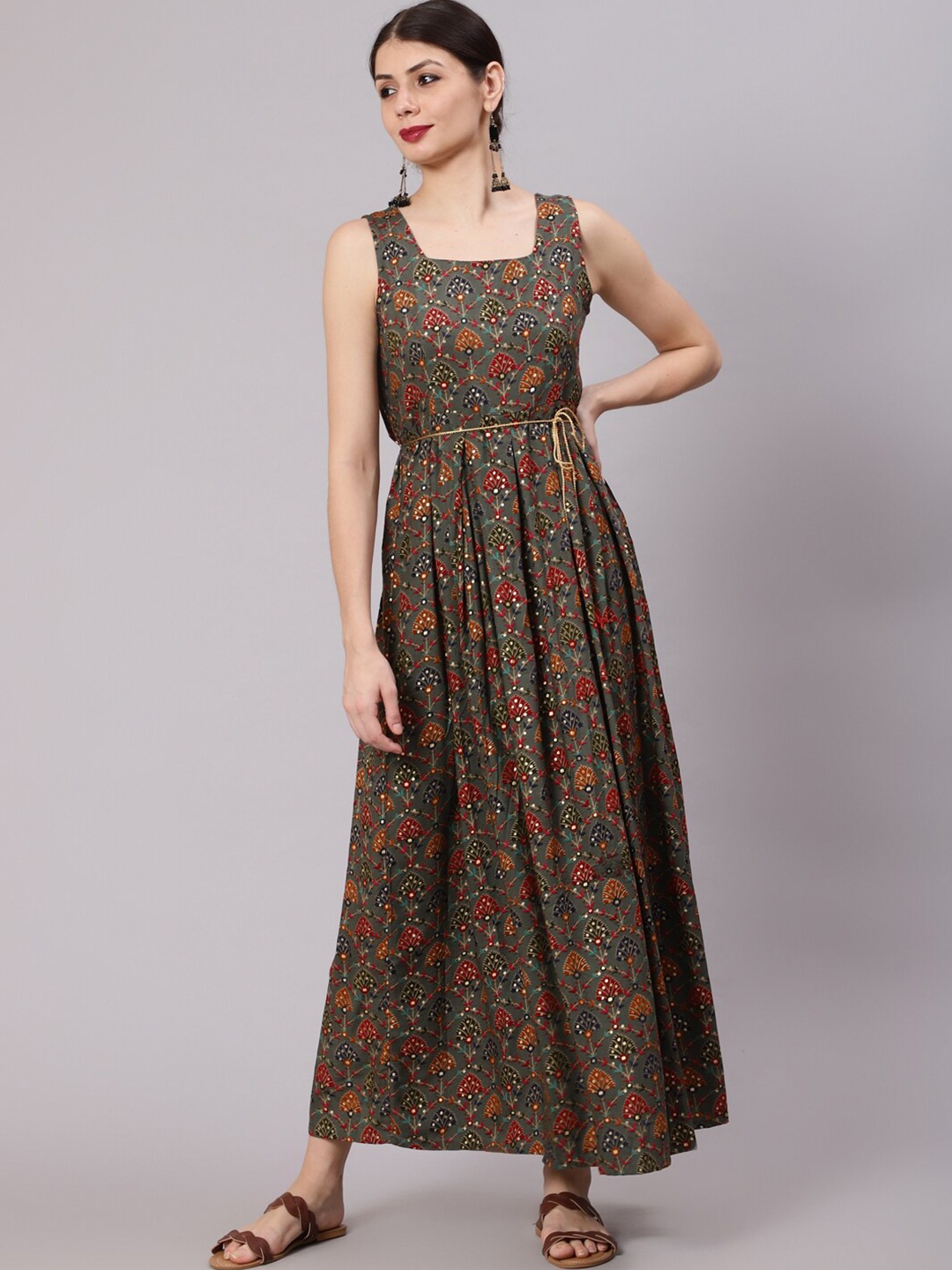 

Awadhi Grey & Red Floral Sleeveless Maxi Dress