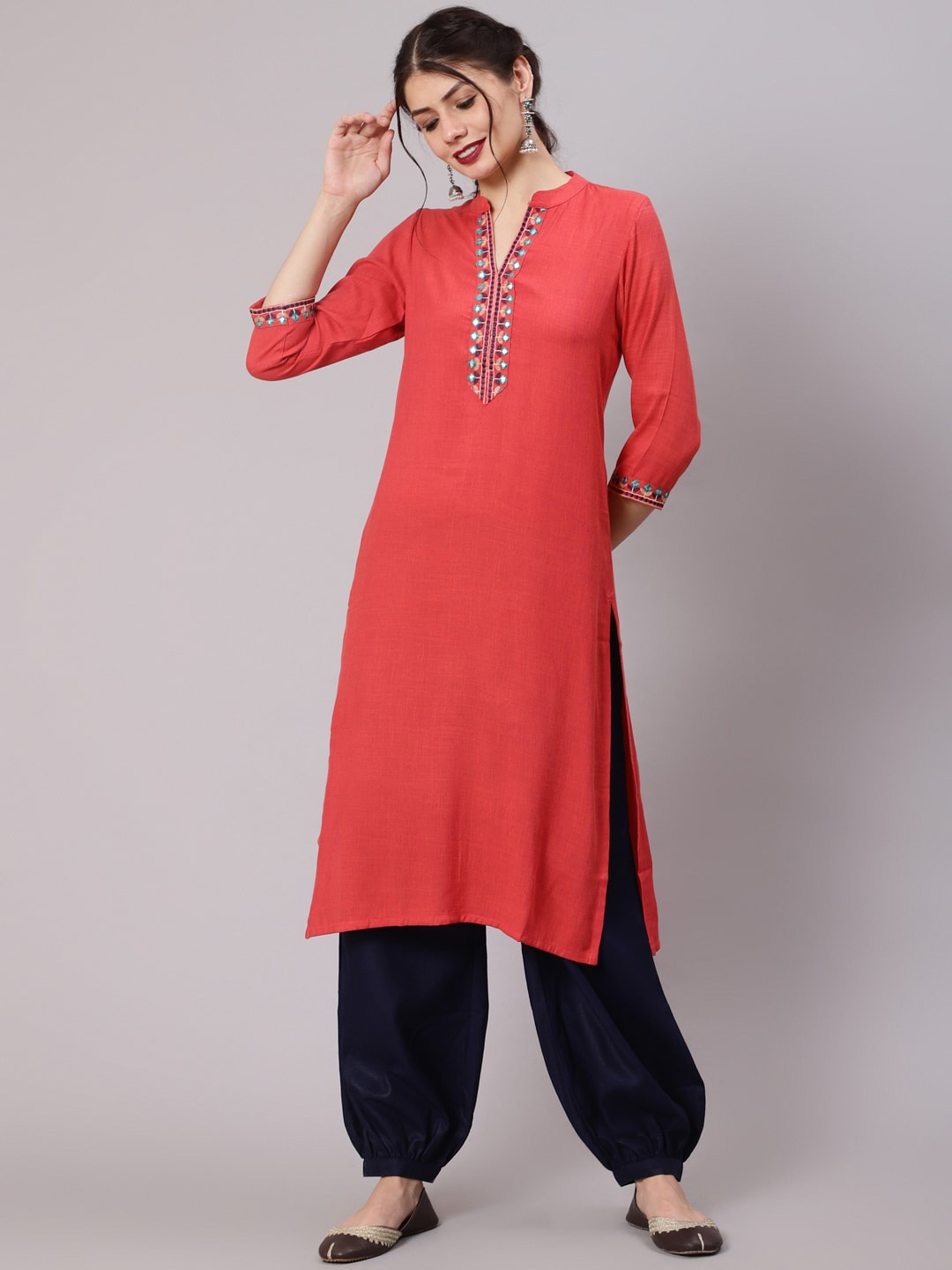 

Awadhi Women Coral Yoke Design Thread Work Kurta