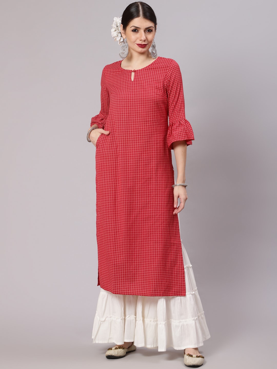 

Awadhi Women Red Checked Keyhole Neck Bell Sleeves Kurta