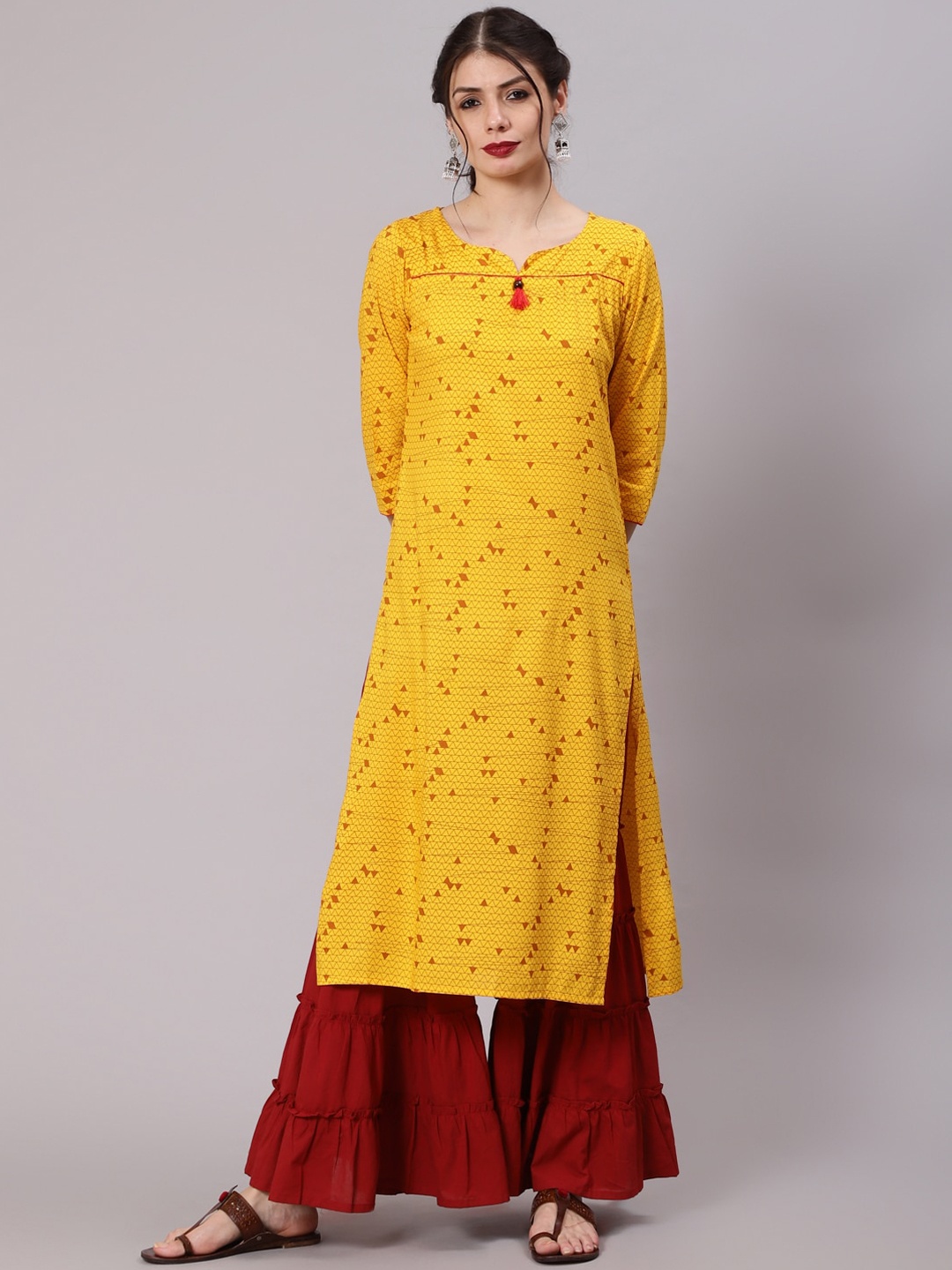 

Awadhi Women Mustard Yellow Geometric Embroidered Kurta