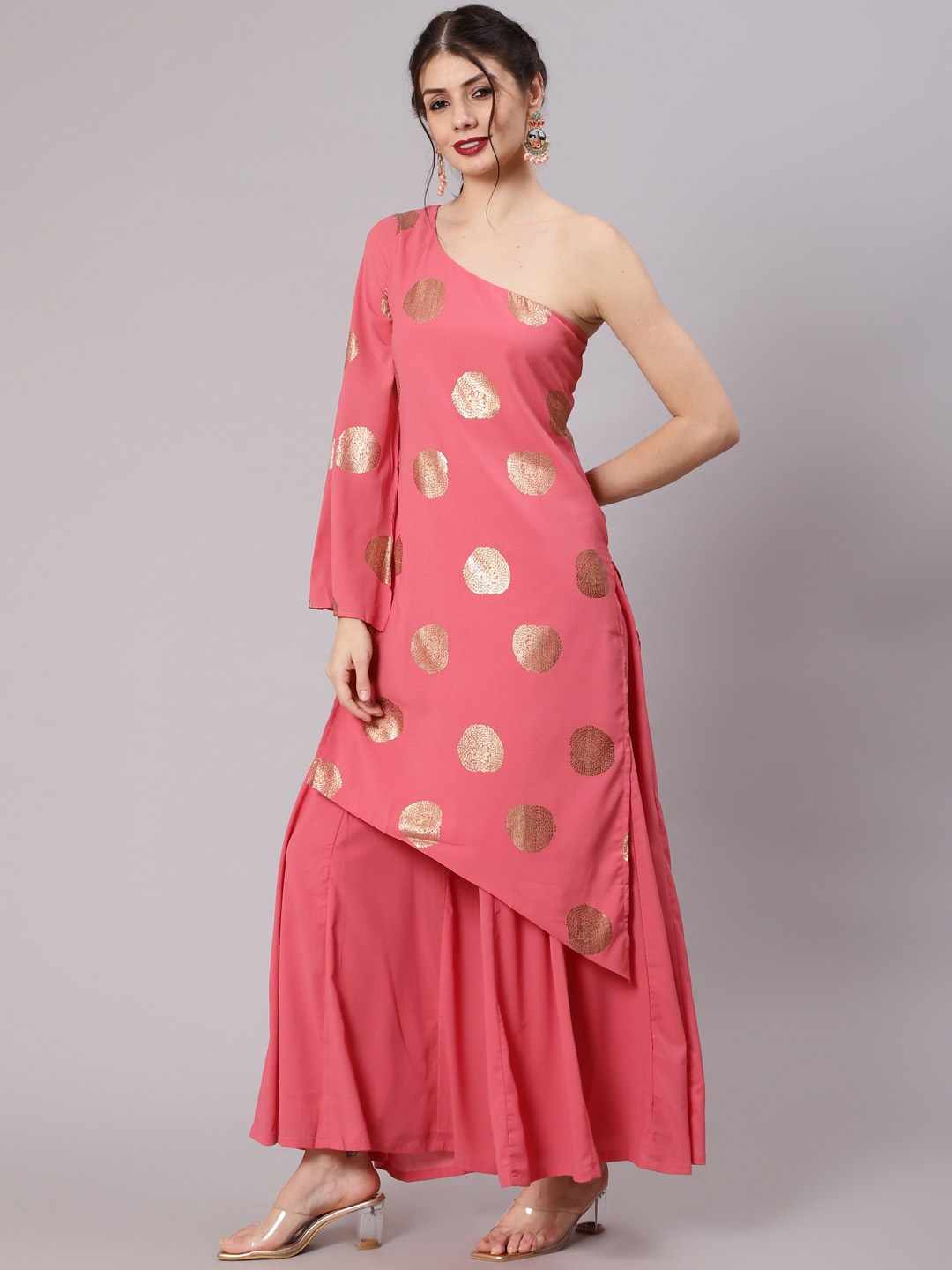 

Awadhi Women Pink Ethnic Motifs One Shoulder Kurta Palazzo Set