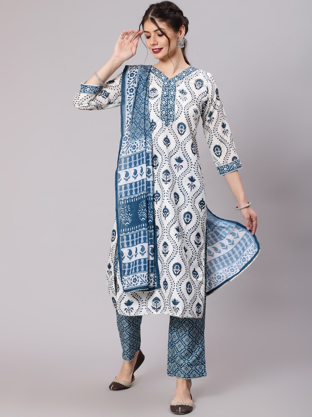 

Awadhi Women White Ethnic Motifs Printed Regular Kurti with Trousers & With Dupatta