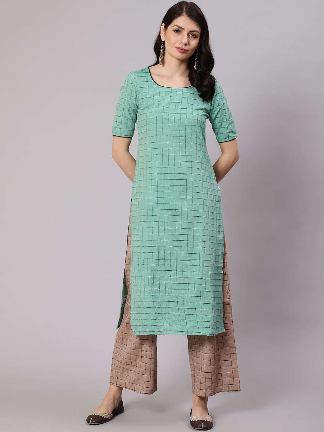 

Awadhi Women Green Striped High Slit Pure Cotton Kurta Set