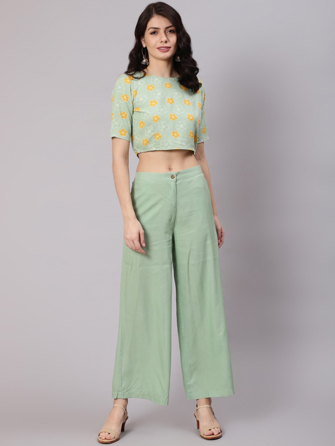 

Awadhi Women Green & Mustard Printed Crop Top with Palazzos