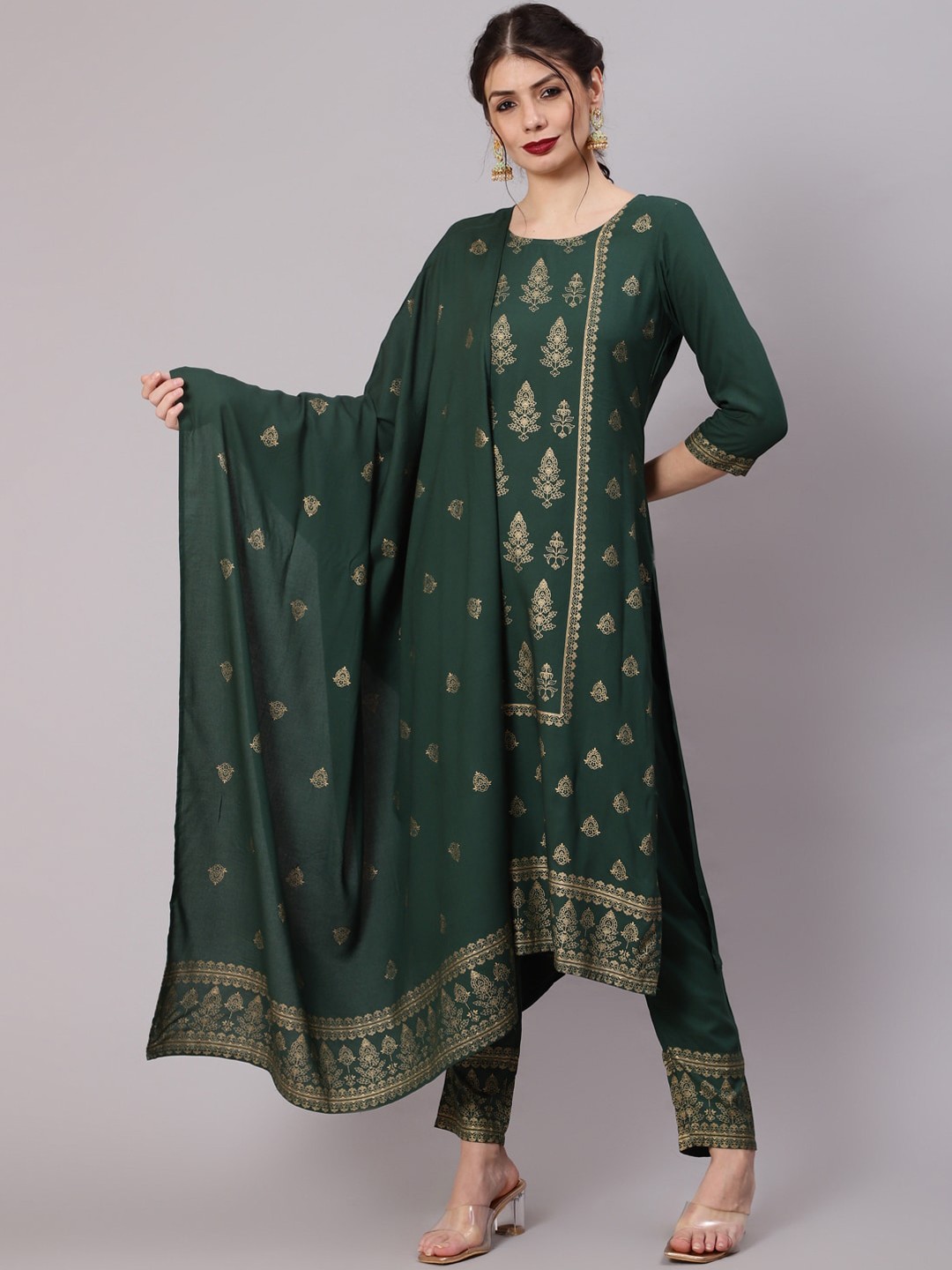 

Awadhi Women Green Ethnic Motifs Embroidered Kurta with Trousers & With Dupatta