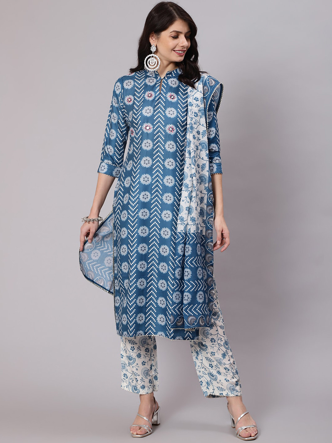 

Awadhi Women Blue Printed Kurta With Trousers & With Dupatta