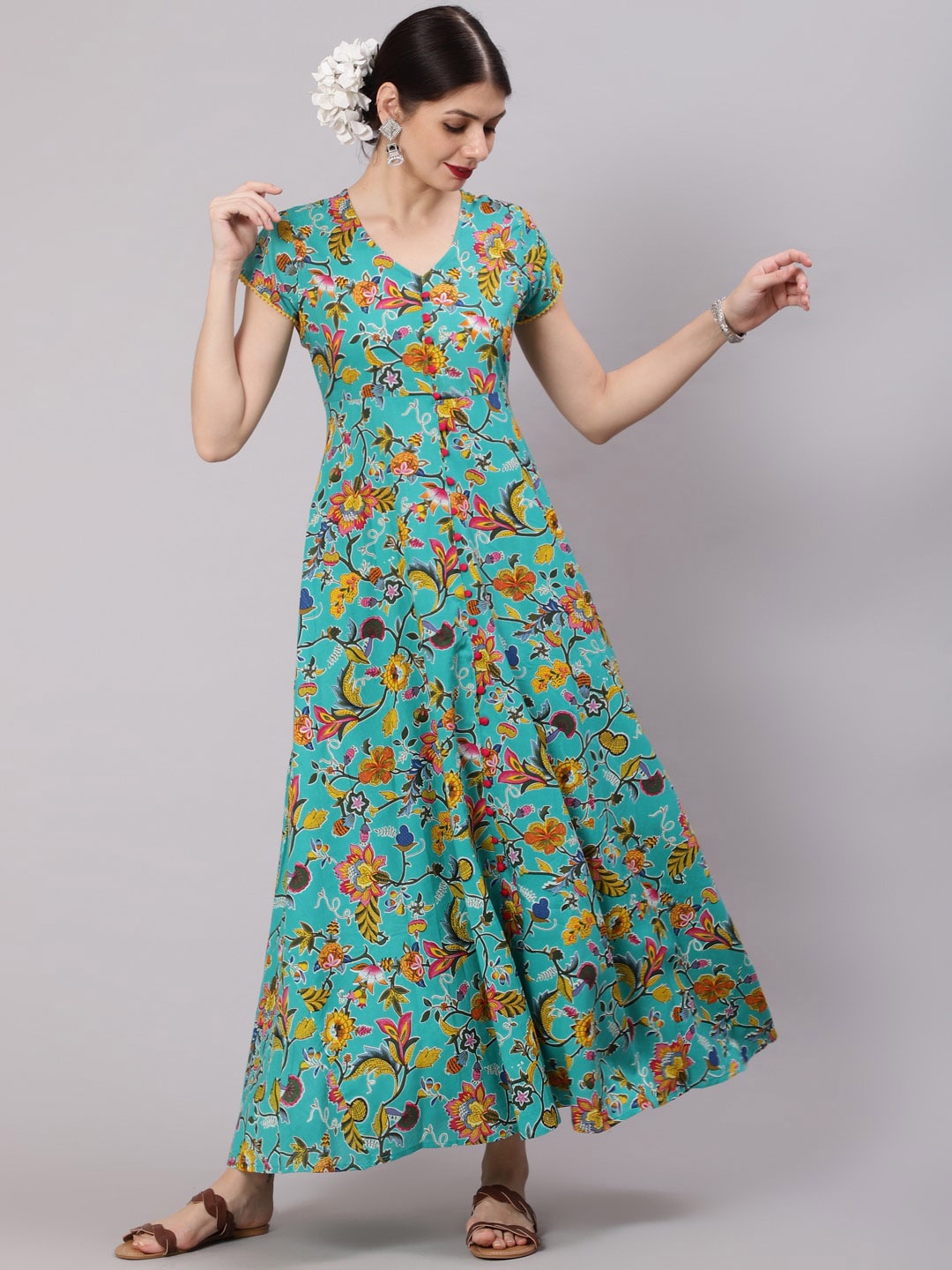 

Awadhi Green Floral Maxi Dress