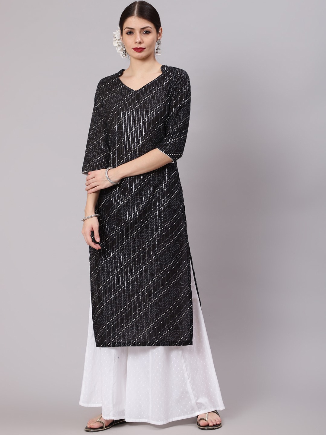 

Awadhi Women Black Bandhani Printed Straight Kurta