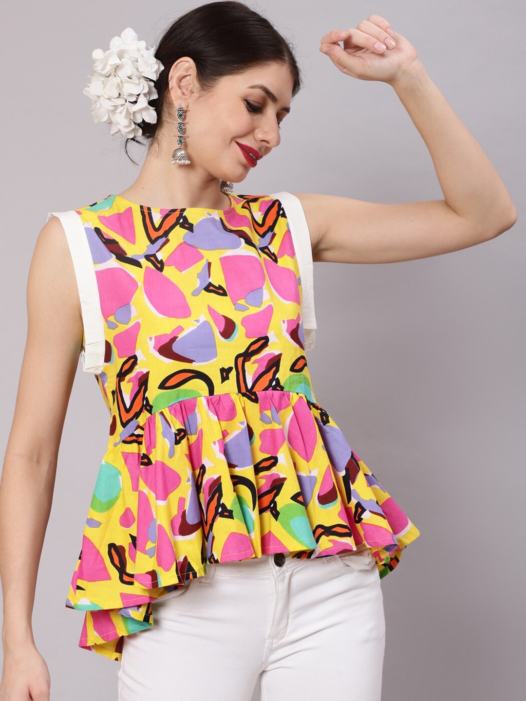 

Awadhi Women Yellow & Pink Printed Peplum Top