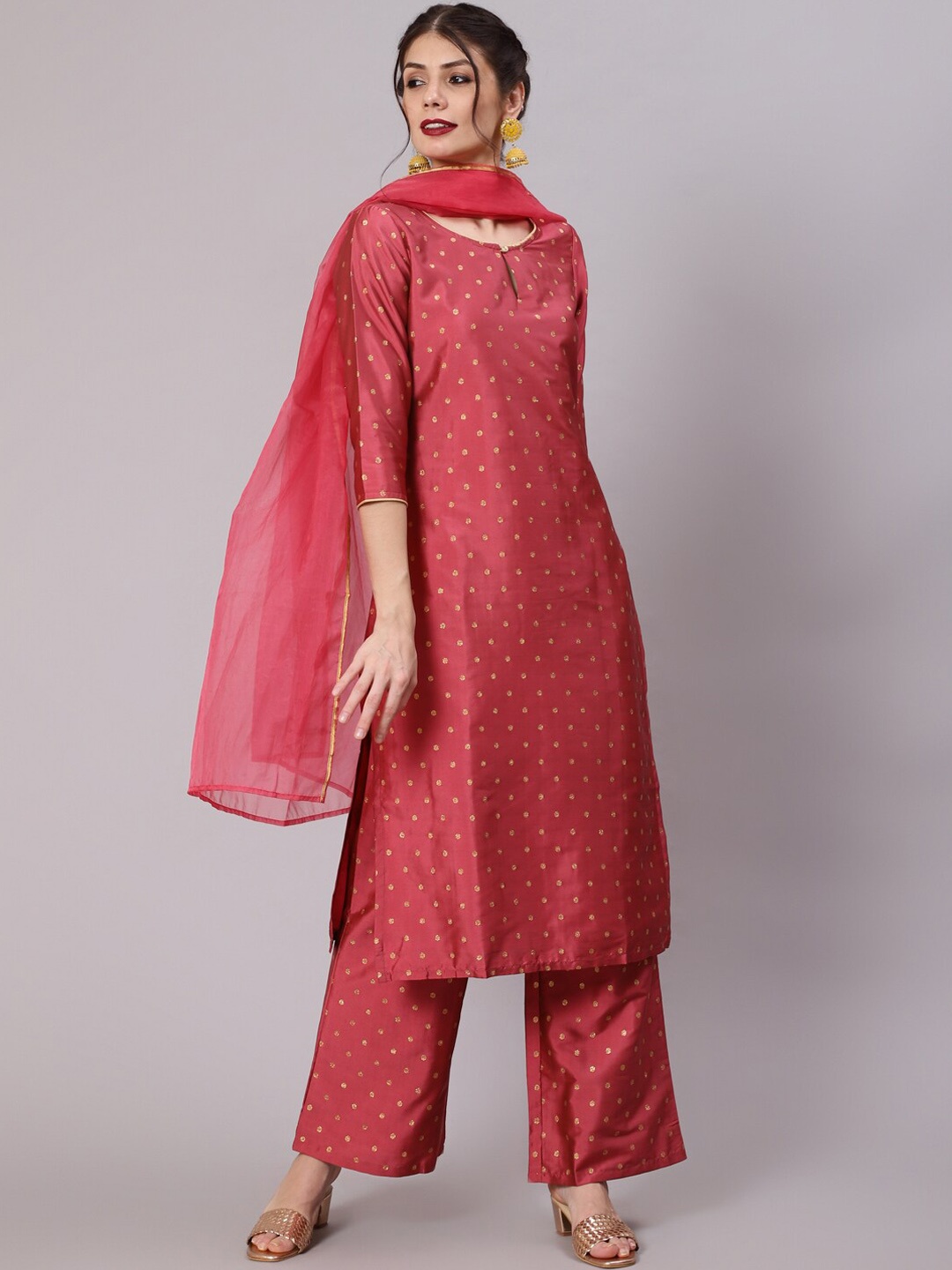 

Awadhi Women Pink Ethnic Motifs Printed Panelled Kurti with Palazzos & With Dupatta