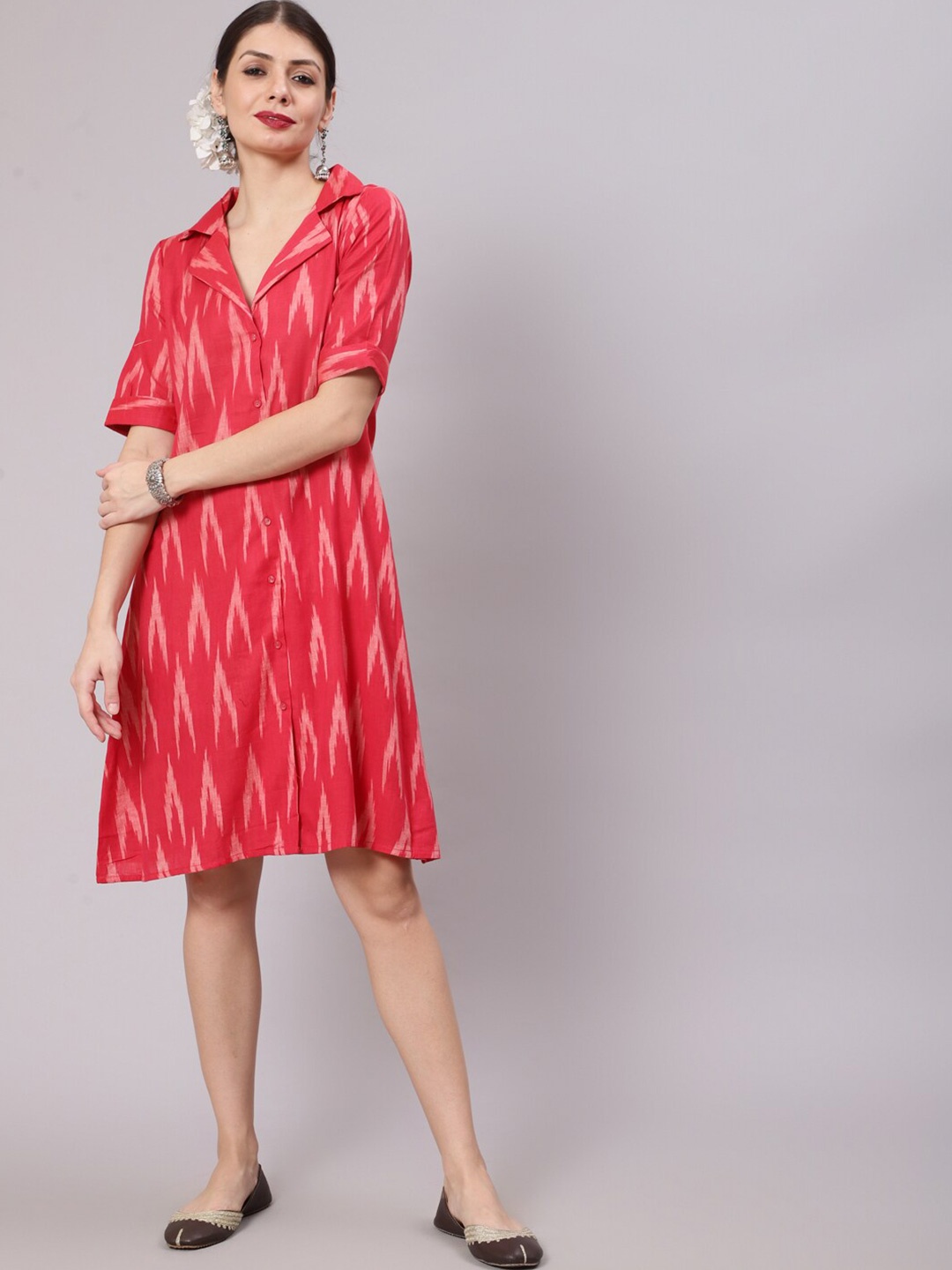 

Awadhi Women Pink Ikat Printed A-Line Dress