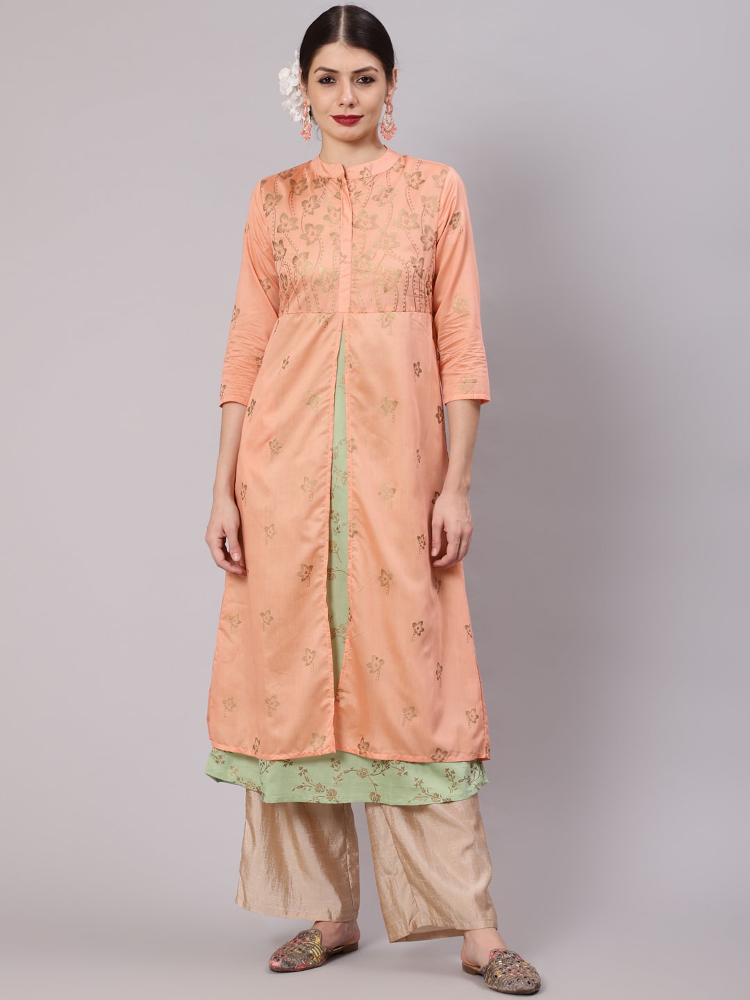 

Awadhi Women Peach-Coloured Ethnic Motifs Yoke Design Kurta