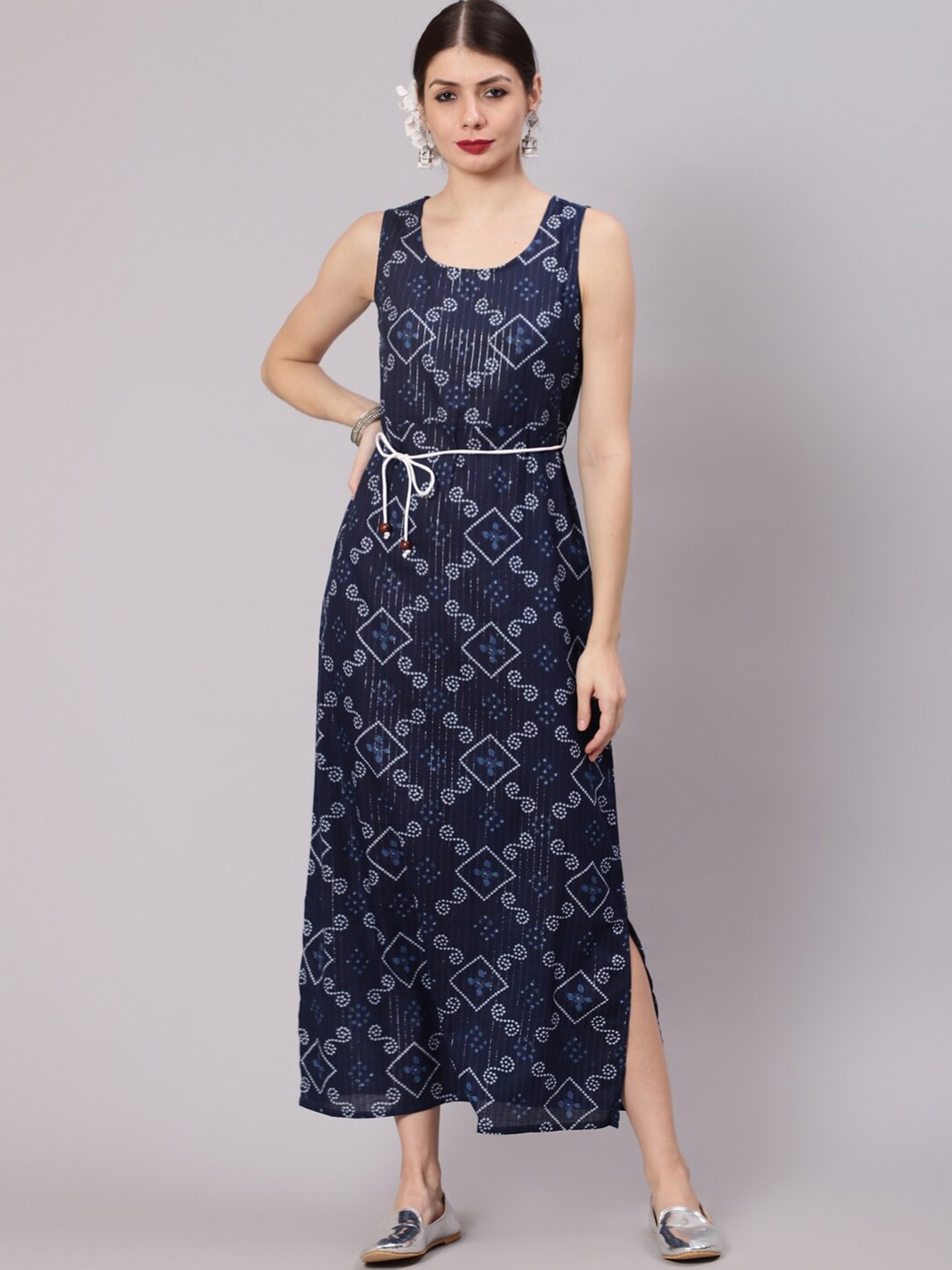 

Awadhi Navy Blue Bandhani Printed Maxi Dress