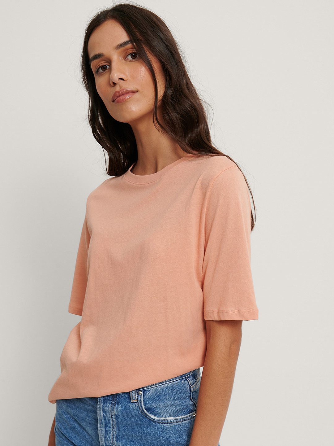 

NA-KD Women Peach-Coloured Solid Pure Cotton T-shirt