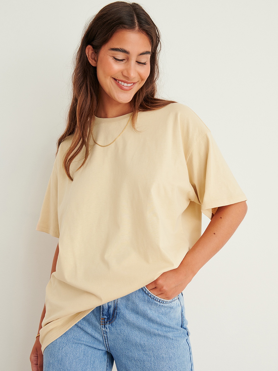 

NA-KD Women Beige Solid Pure Cotton T-shirt