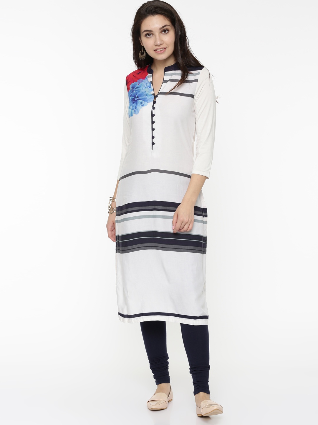 

Biba Women White Printed Straight Kurta with Knitted Sleeves