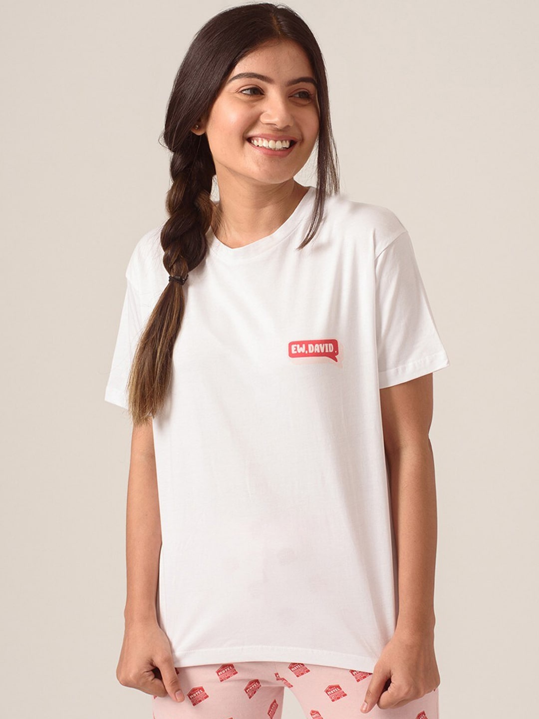 

Soxytoes Women White Ew David Printed Lounge Tshirts