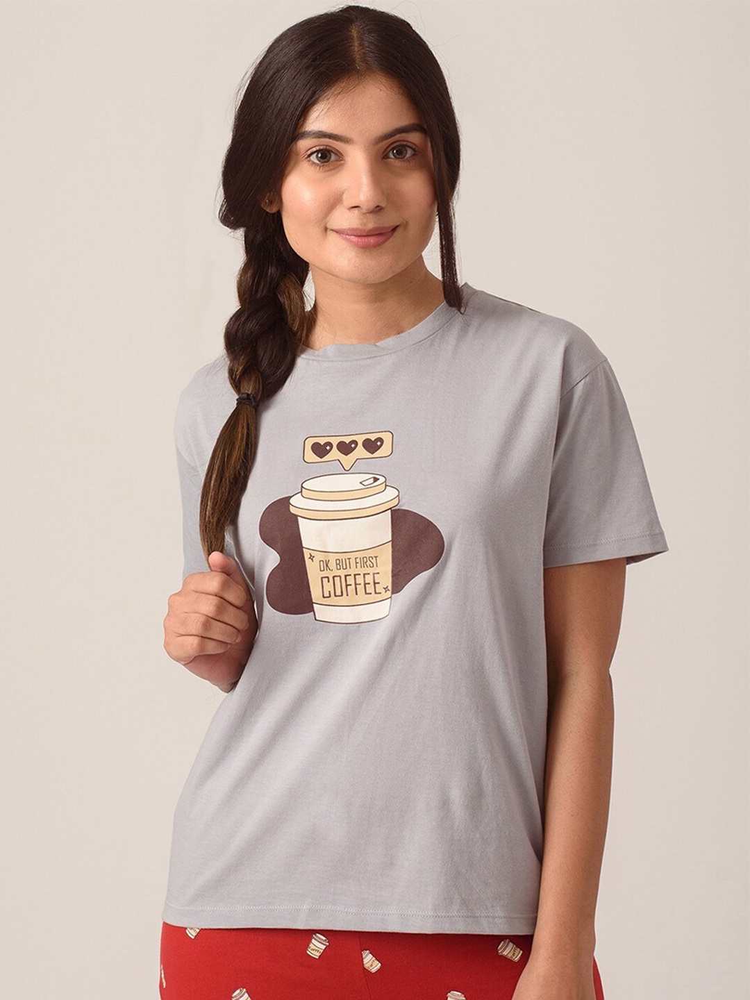 

Soxytoes Women Grey & Brown Printed Cotton Lounge T-shirt