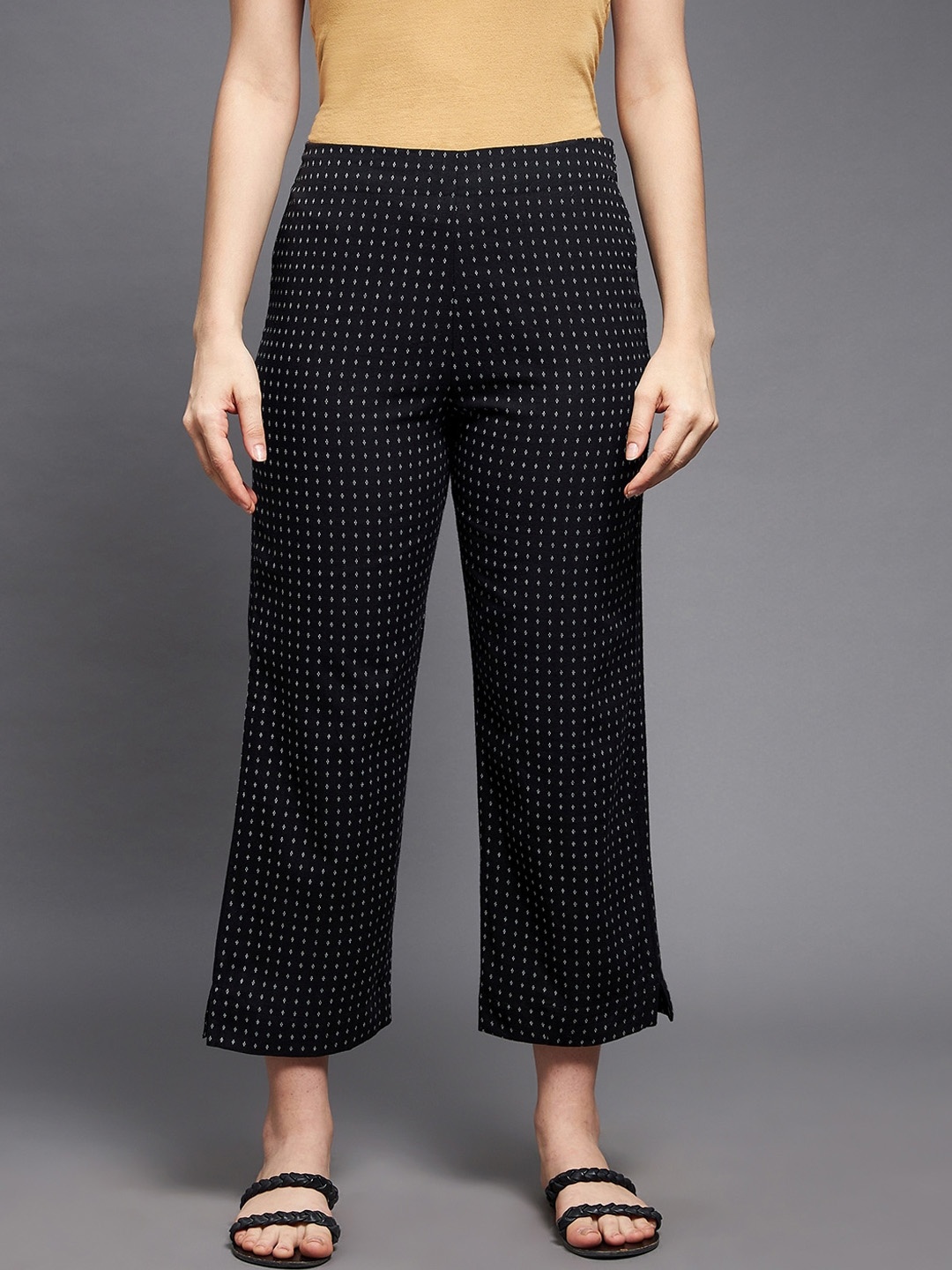 

Indian Dobby Women Black Printed Straight Fit Cotton Trousers