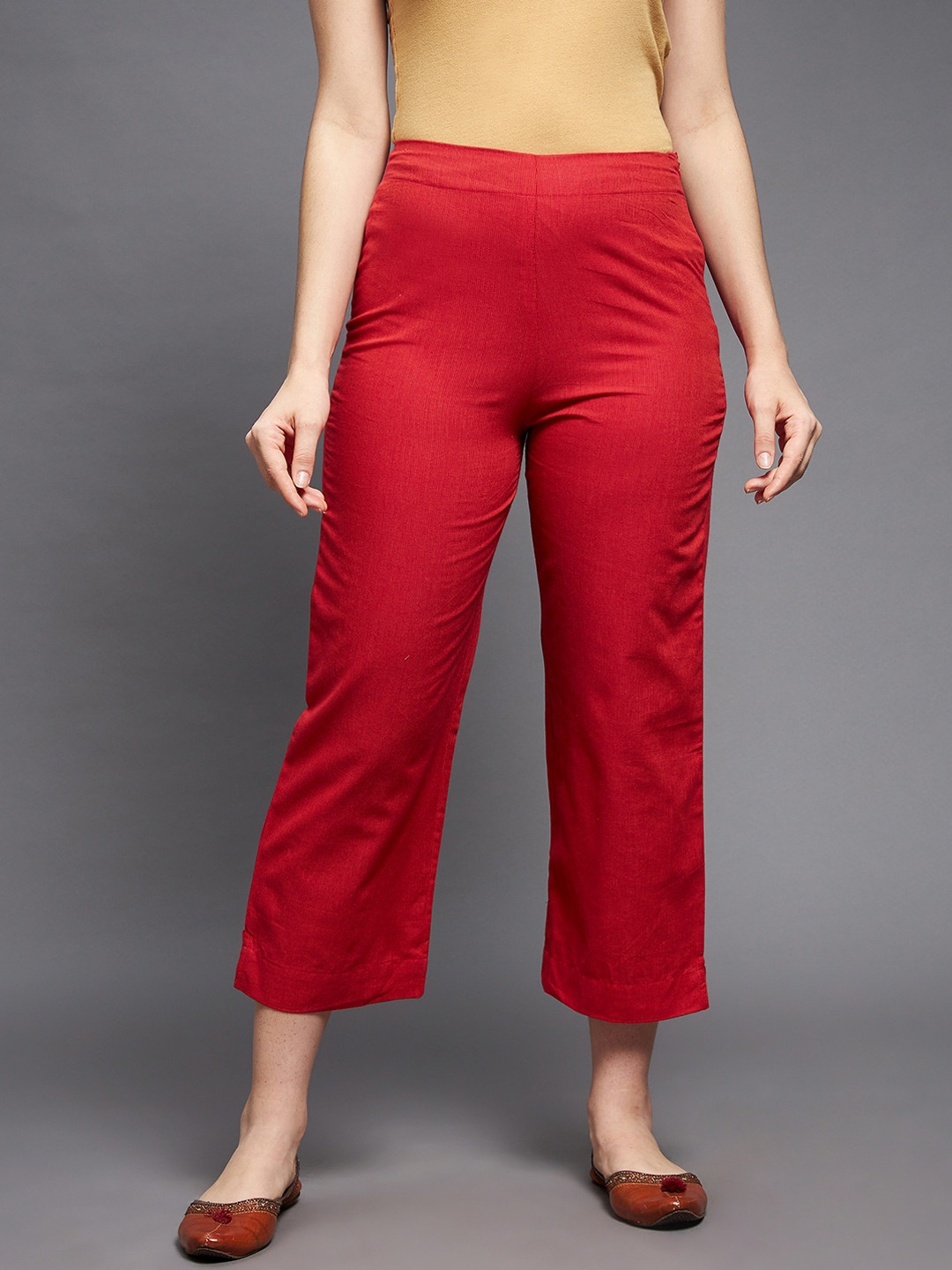 

Indian Dobby Women Red Straight Fit Trousers