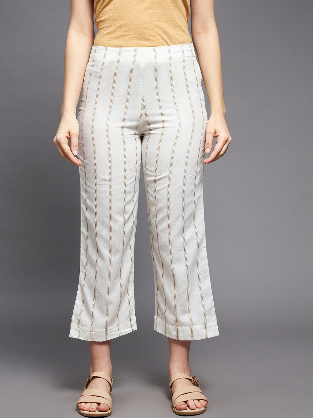 

Indian Dobby Women White Striped Straight Fit Cotton Trousers