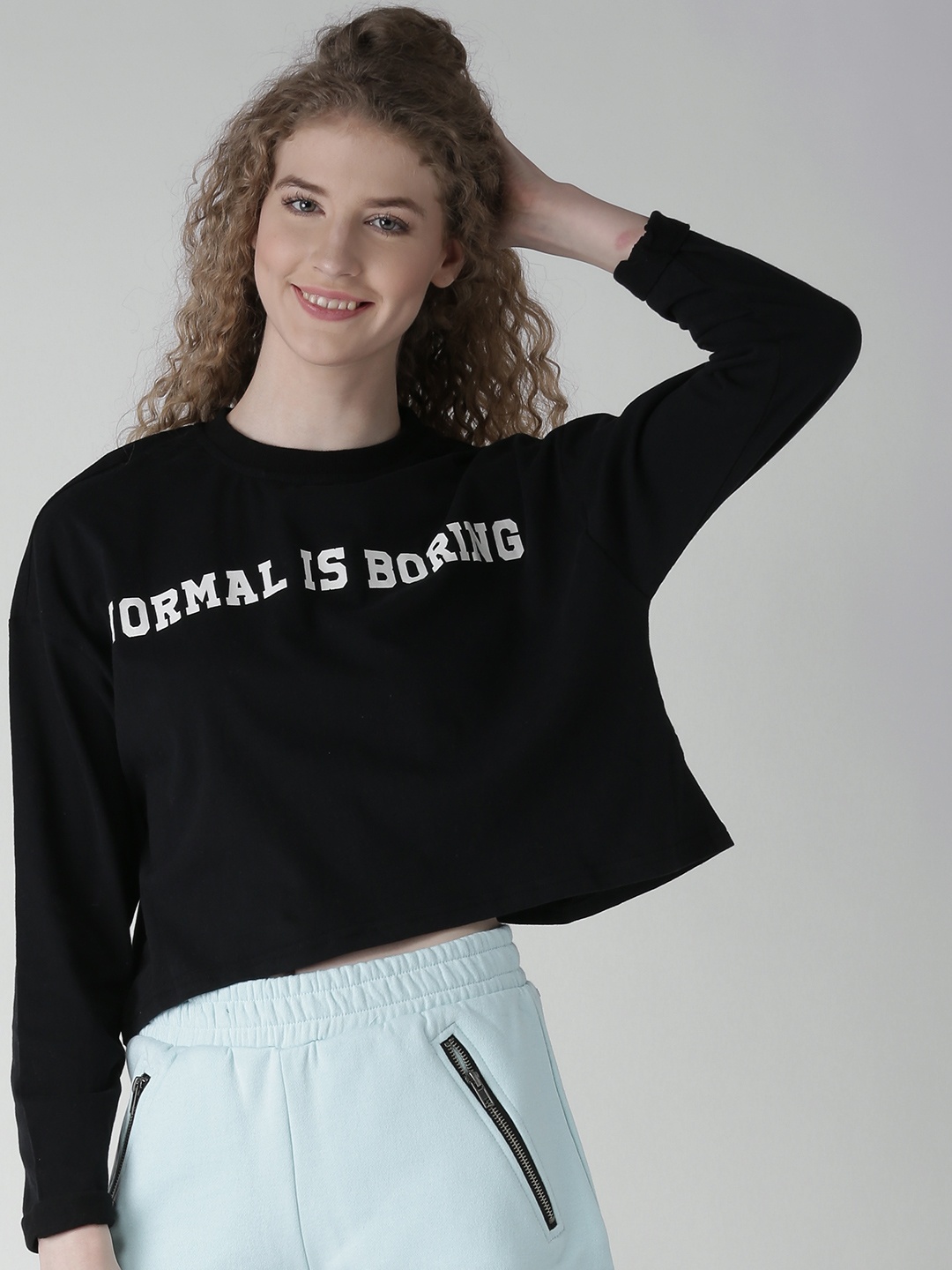 

FOREVER 21 Women Black Printed Round Neck Boxy T-shirt