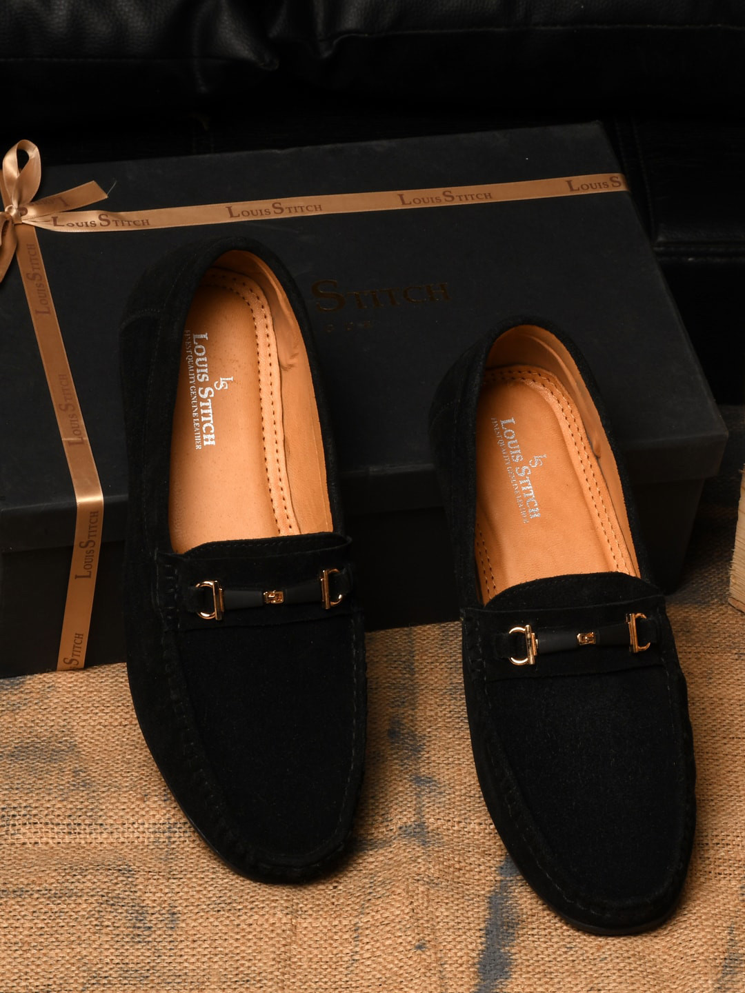 

LOUIS STITCH Men Classic Handmade Suede Driving Loafers, Black