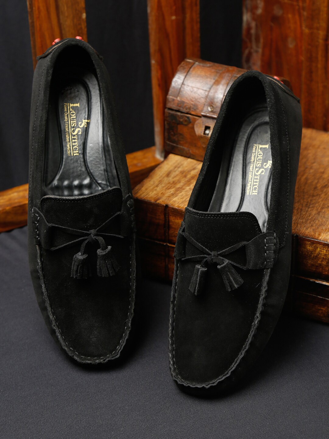 

LOUIS STITCH Men Black Suede Driving Shoes with Tassels