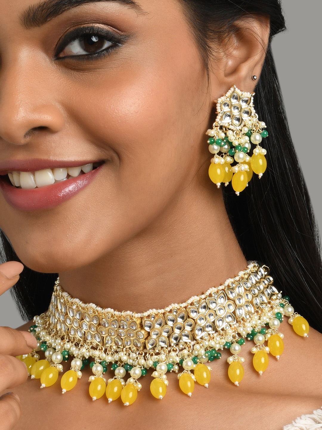 

Fida Ethnic Traditional Gold Plated Pearl Kundan Lime yellow Stone Jewellery Set for Women